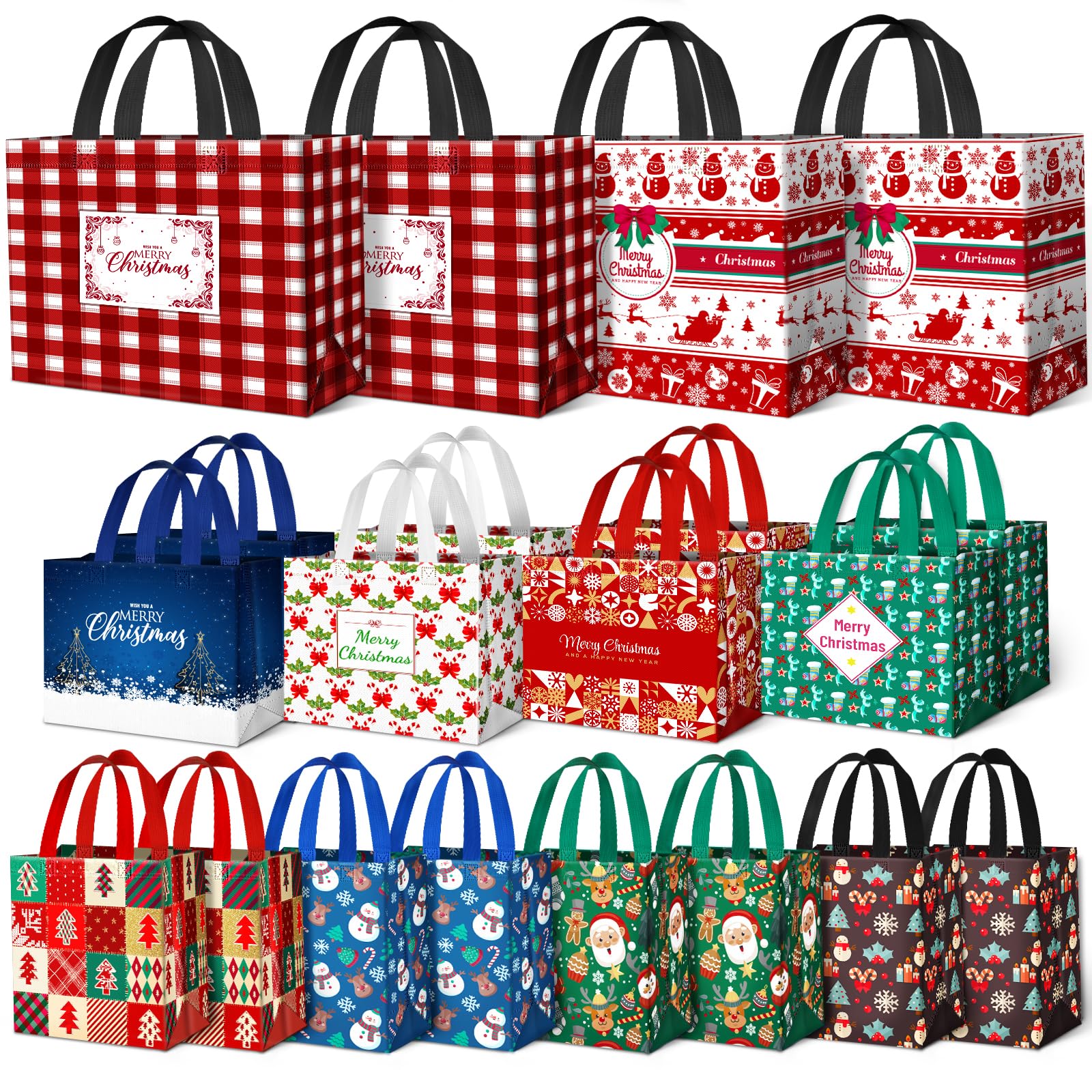 BlessedSeason 20 Pack Christmas Gift Bags Assorted Sizes, Reusable Tote Bags with Handle, Includes 4 Large 8 Medium 8 Small Christmas Goodie Bags for Her He, for Xmas Celebration Gift