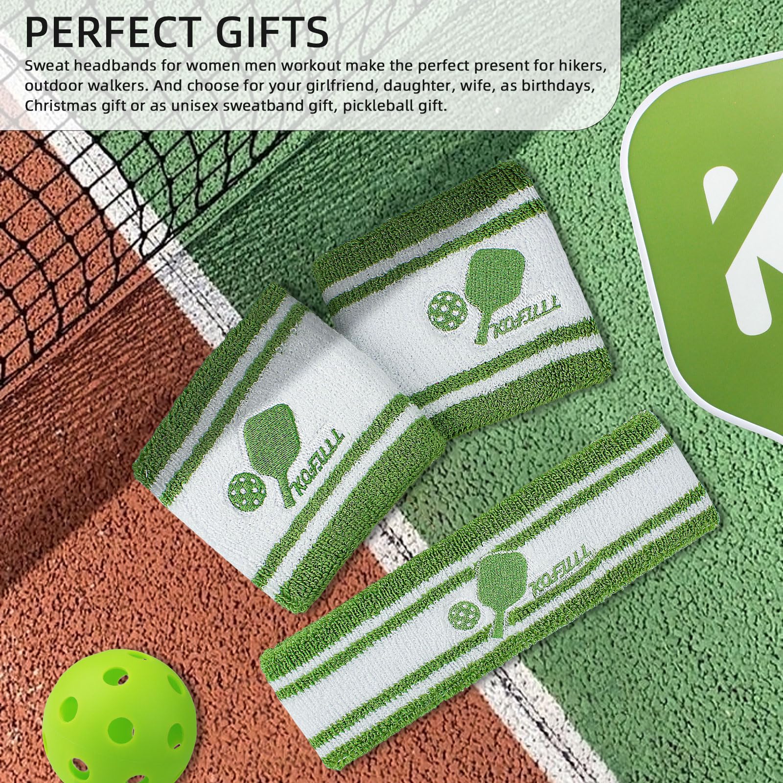 KOFULL Pickleball Accessories, Pickleball Gifts for Women and Men, Cotton Sweat Bands Headband Set for Pickleball, Tennis, Golf, Yoga Sports, Green