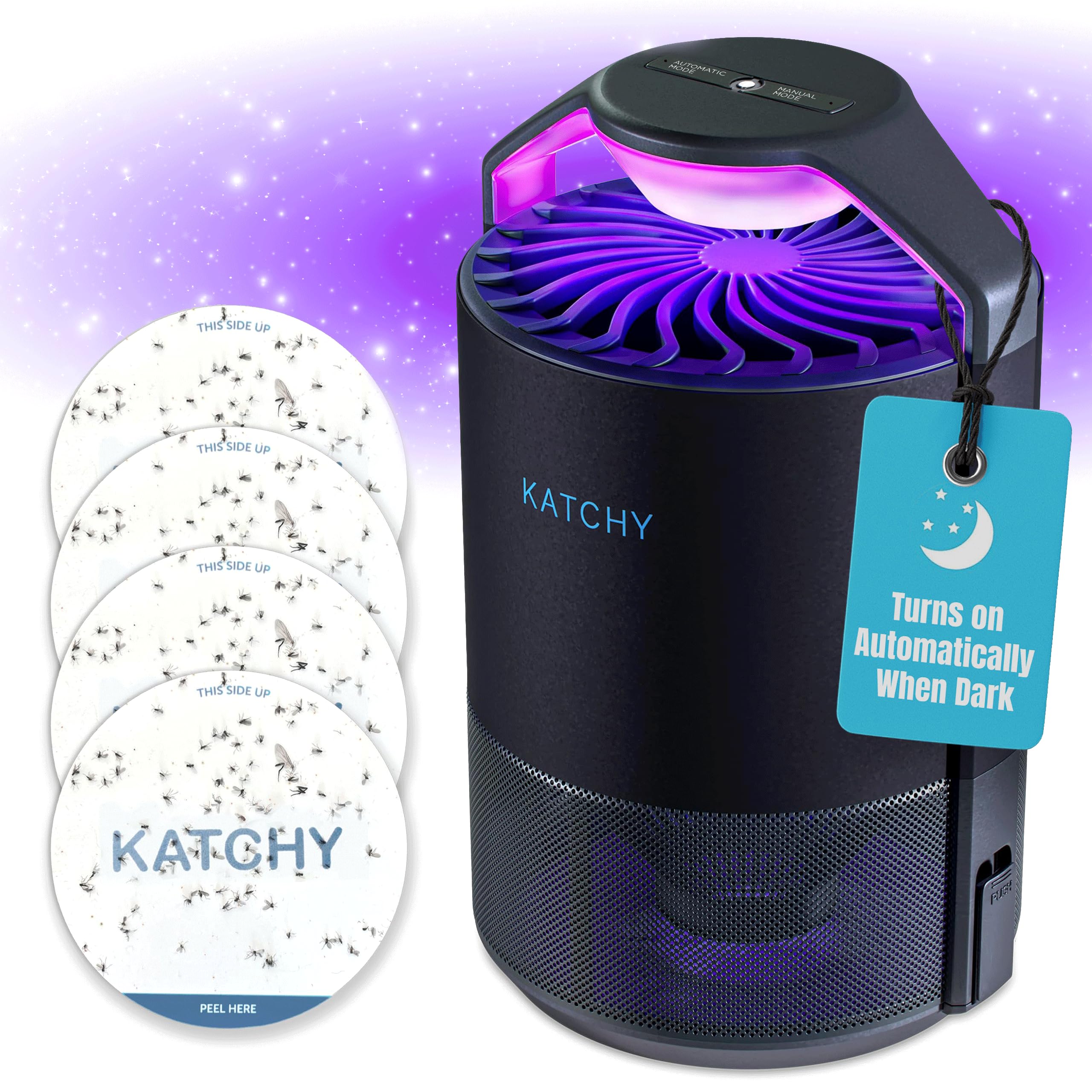 Katchy Midnight - Indoor Insect Trap with Automatic Setting - Fan Powered with UV Light - Fruit Fly Traps for Indoors - for Fruit Flies, Gnats, Mosquitoes, Moths