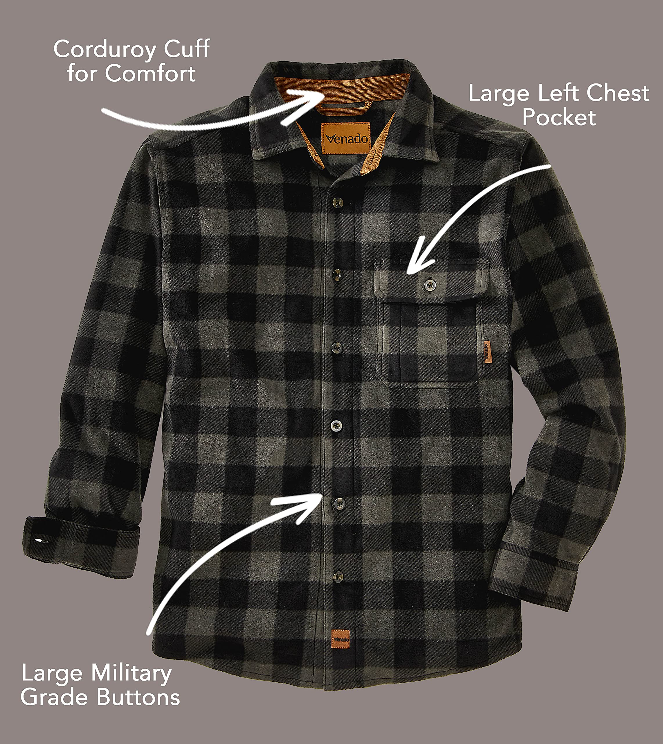 Venado Mens Plaid Shirts for Men - Heavyweight Buffalo Plaid Fleece Shirt - Soft (Plaid Charcoal, Large)