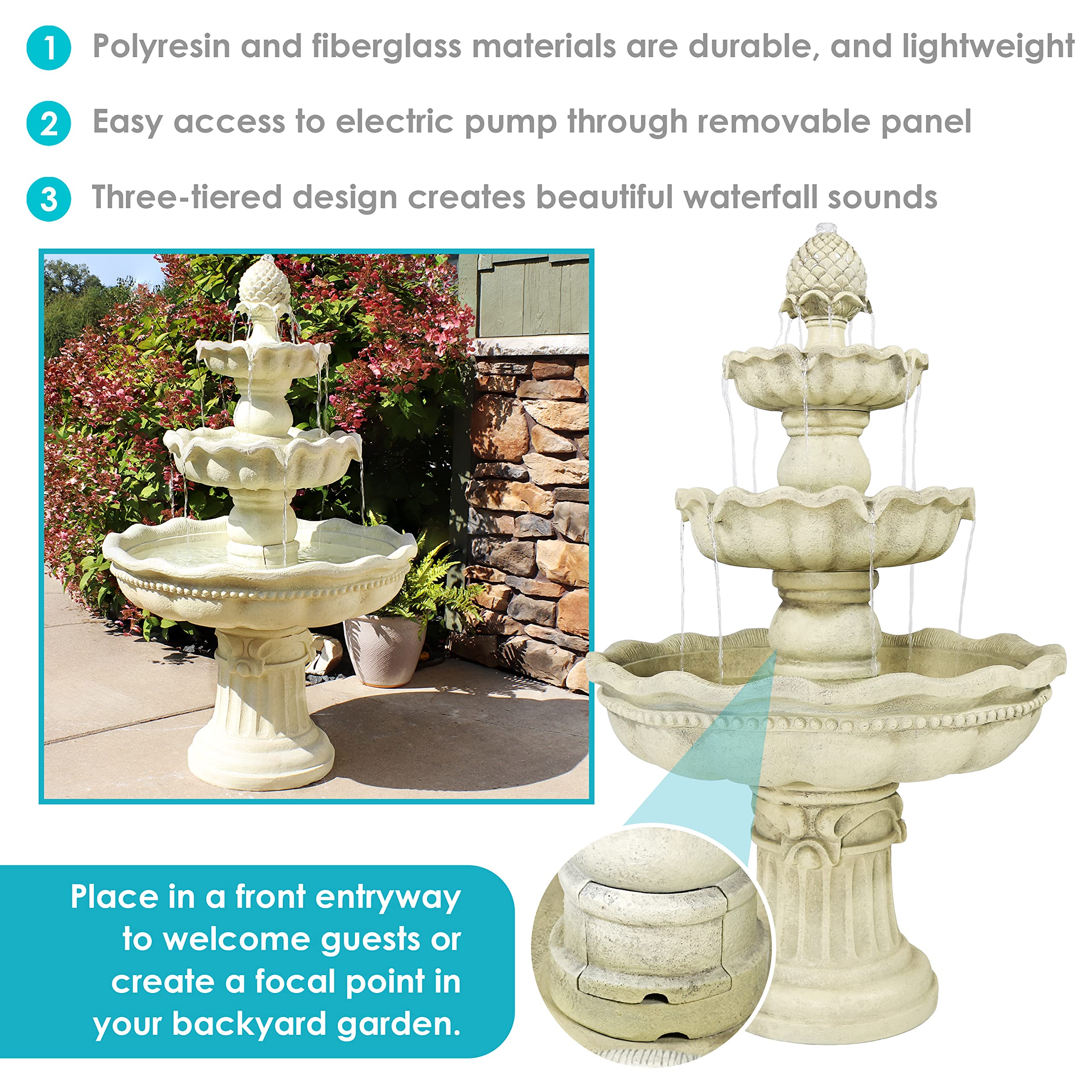 Sunnydaze 51-Inch Electric Water Fountain - Outdoor Water Feature - 3-Tier Outdoor Fountain with Pineapple Top - White