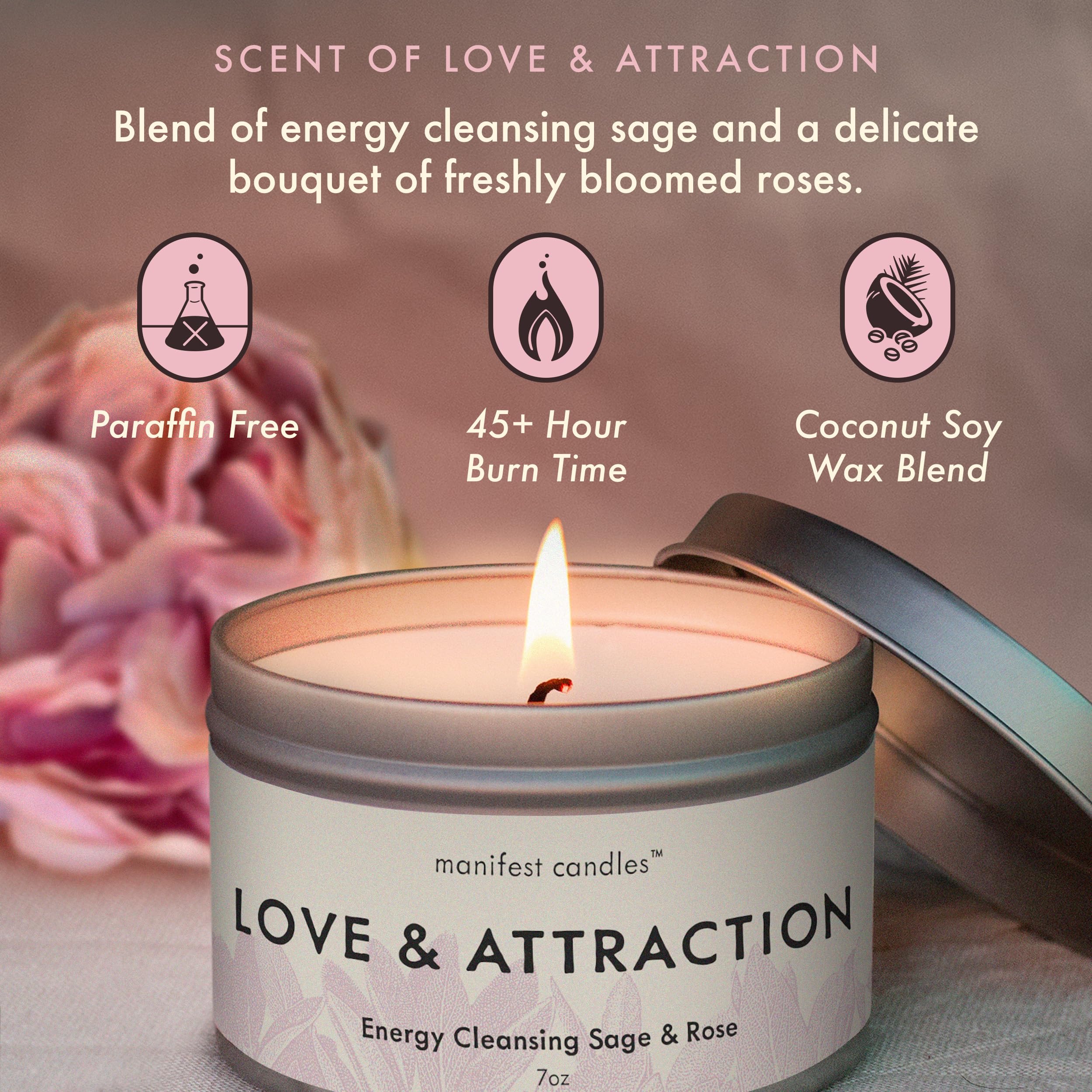 Manifest Candles 7oz Love Candle to Attract Love - Rose & Sage Scented - Love Attraction & Manifestation - Spiritual Meditation Candle with Manifestation Love Crystals Bracelets for Women