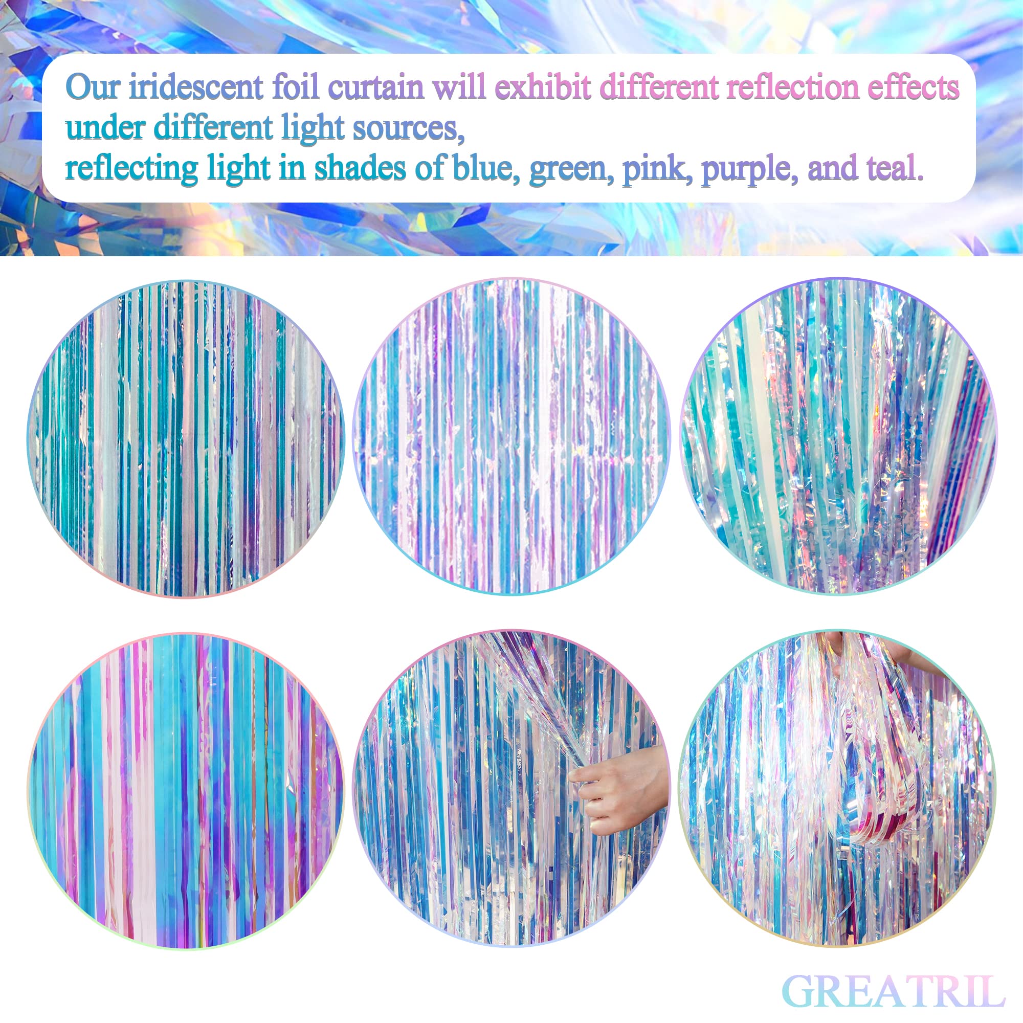 Iridescent Party Streamers Backdrop - GREATRIL Neon Transparent Holographic Tinsel Foil Fringe Curtain for Mermaid/Frozen/Sea/Euphoria/ERAS Party Theme Decorations 2 PCS