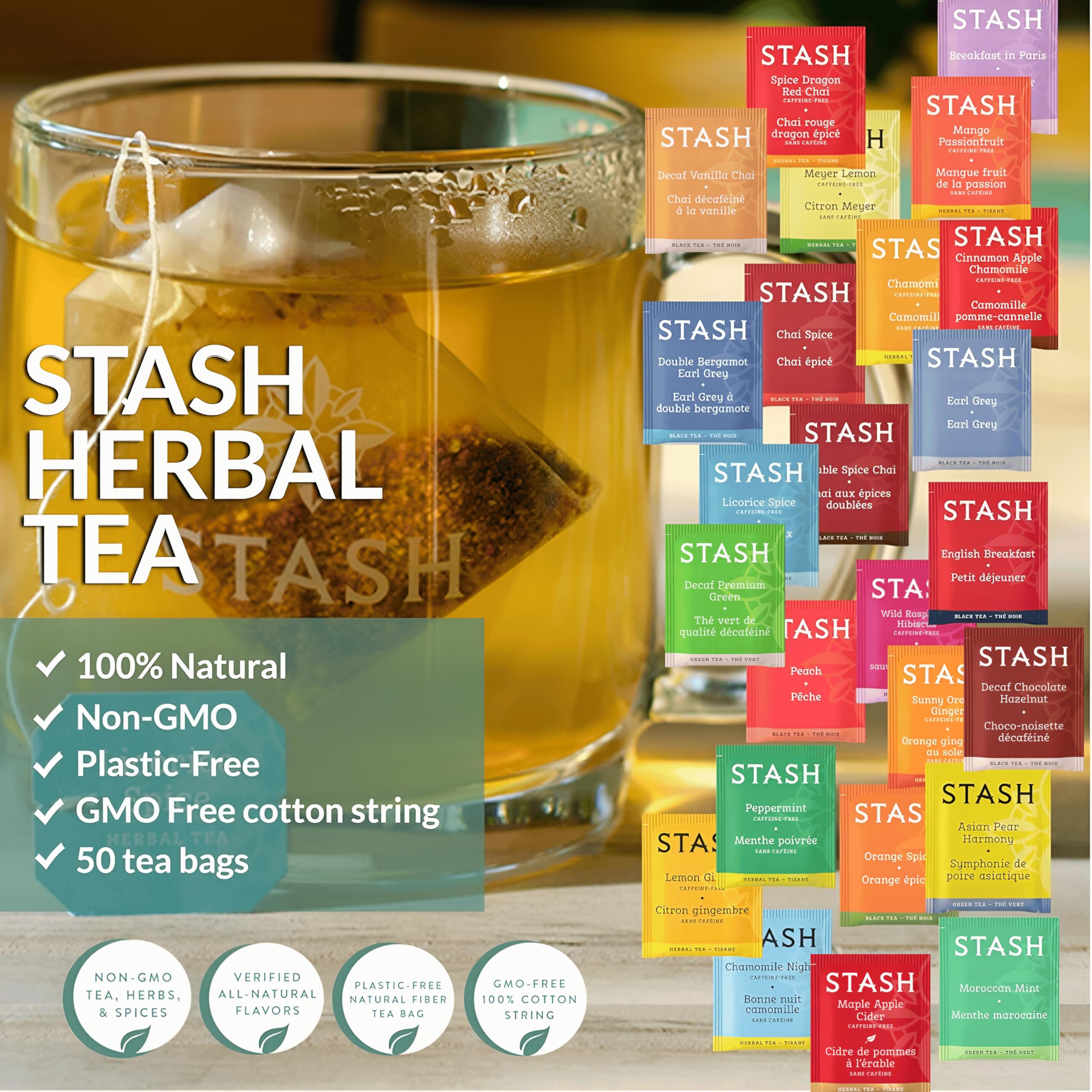 70Pcs Stash Tea Variety Pack, 25x2 Assorted Tea Flavors with 20 Honey Sticks, Tea Sampler with Herbal, Green, Black, and Chai Tea Bags