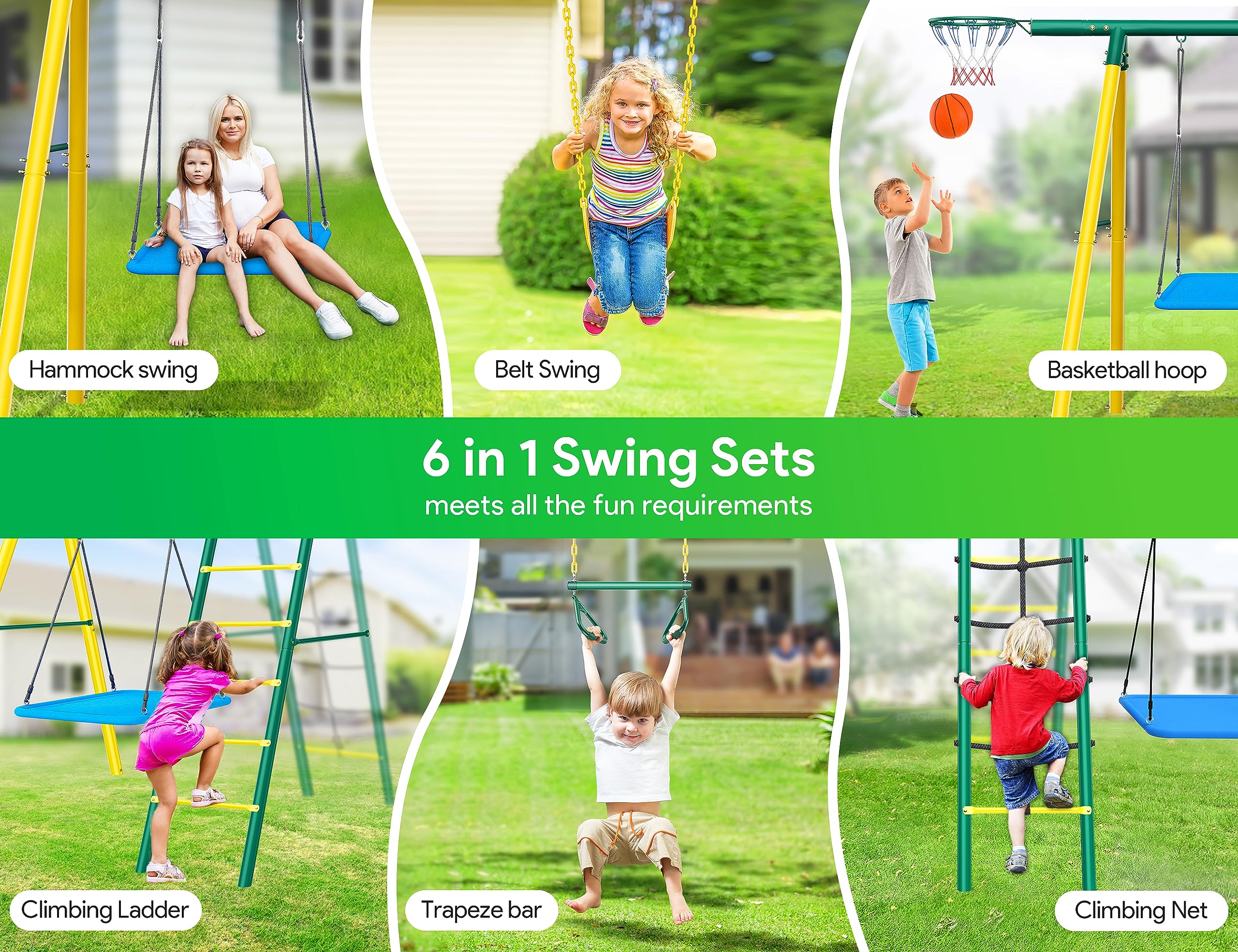 Osoeri Swing Sets for Backyard, 6 in 1 Swing Sets,Heavy-Duty Metal Swing Sets for Backyard with 2 Swings, Climbing Ladder and Nets,Trapeze Bar and Basketball Hoop