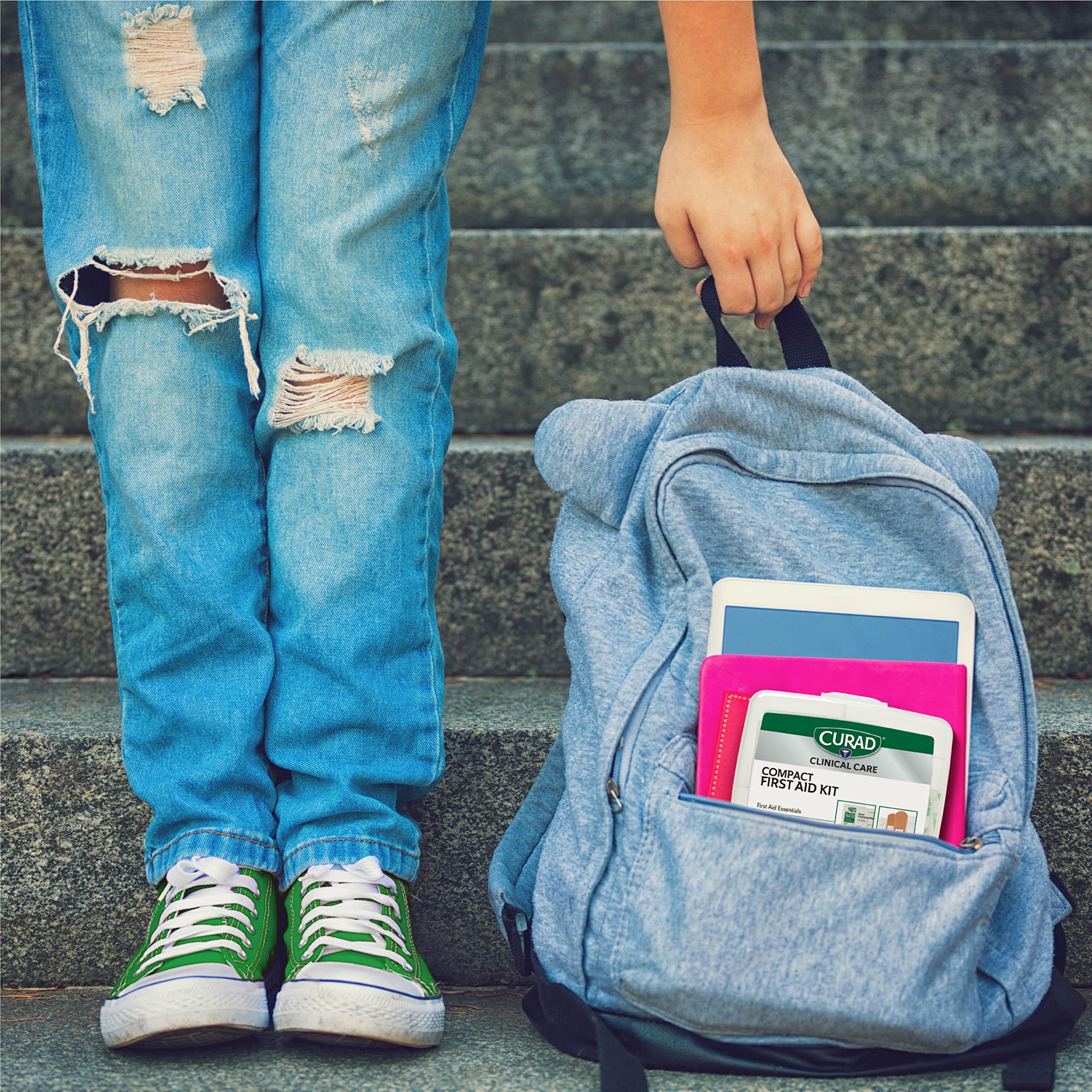 Curad Compact First Aid Kit with Over-The-Counter Medicine,All Purpose,Flex-Fabric and Butterfly Bandages,Antibiotic Ointment,Cleansing Towelettes,Alcohol Prep Pads,Acetaminophen,Carry Case, 80 Count