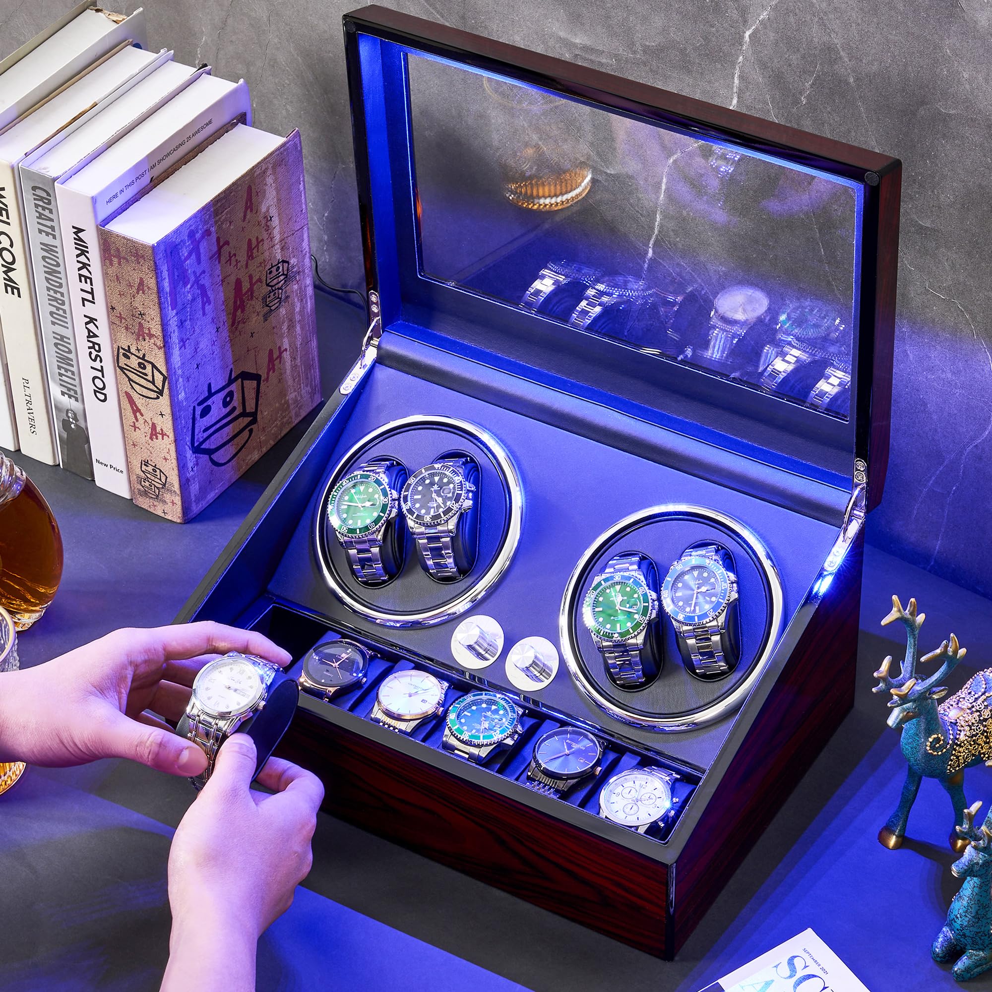 ANWBROAD Watch Winder for Automatic Watches 4 Watch Rotator and 6 Extra Storages with Super Quiet Mabuchi Motor LED Backlight Watch Turner Piano Paint Watch Shaker 5 Rotating Modes Gift USB UJWW002Y
