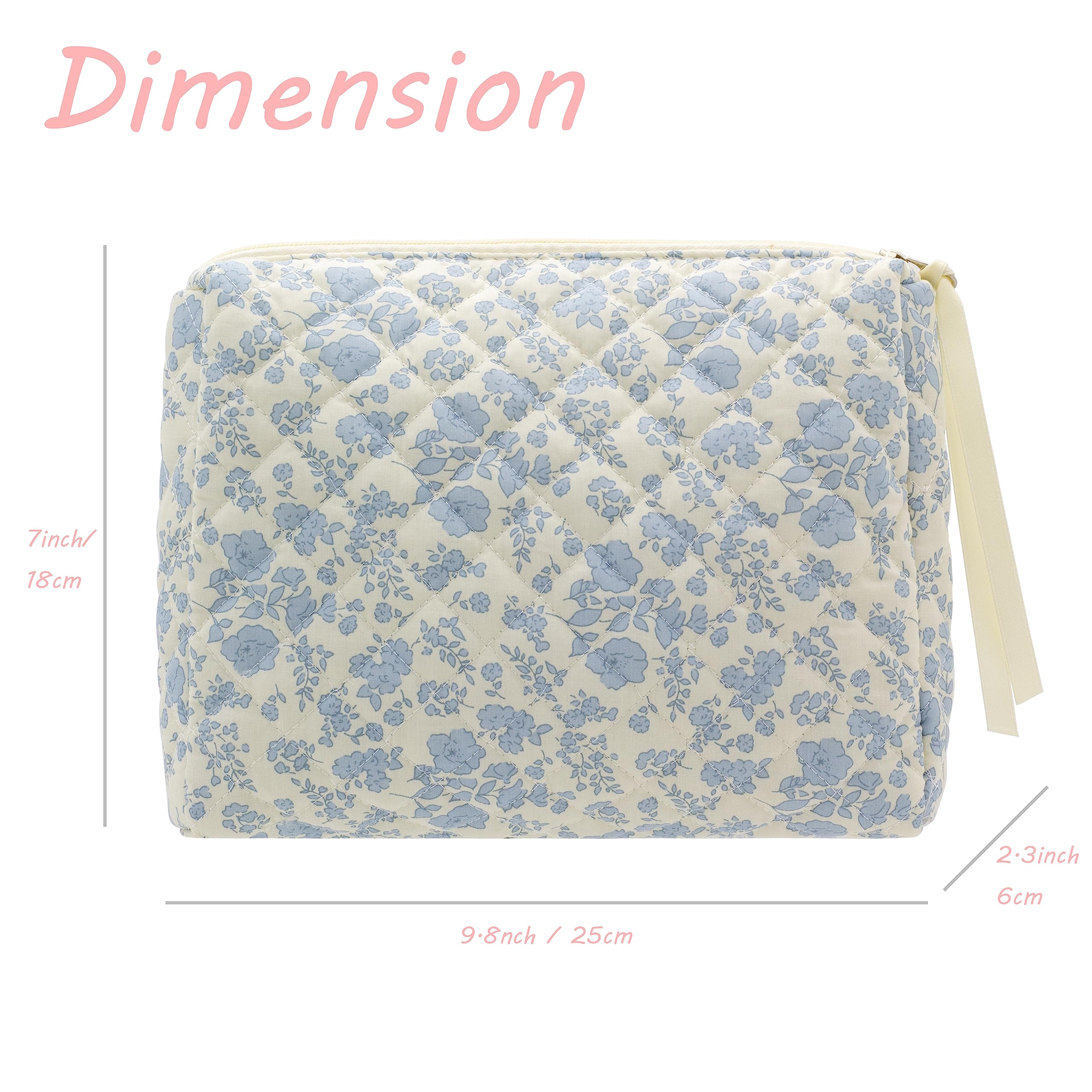 PAZIMIIK Cotton Makeup Bag for Women Large Quilted Travel Cosmetic Pouch Girls' Make Up Organizer,Little Flower Blue