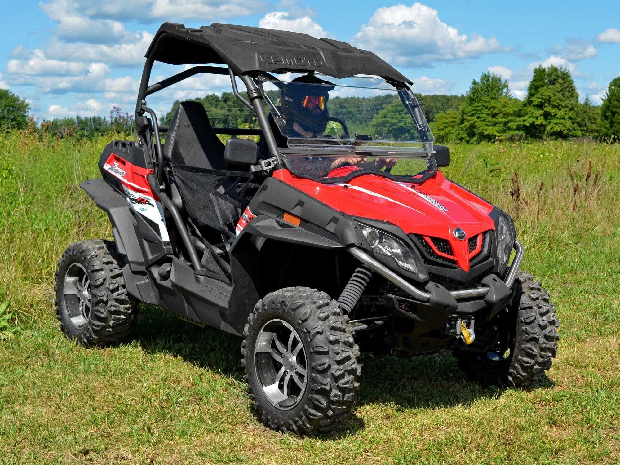 SuperATV Scratch Resistant Flip Windshield for CFMOTO ZForce 500, 800 Trail & EX, 1000 2014-2022, 1/4" Hard Coated Polycarbonate, Comes Preassembled, Can be Closed, Vented, or Fully Open, USA Made