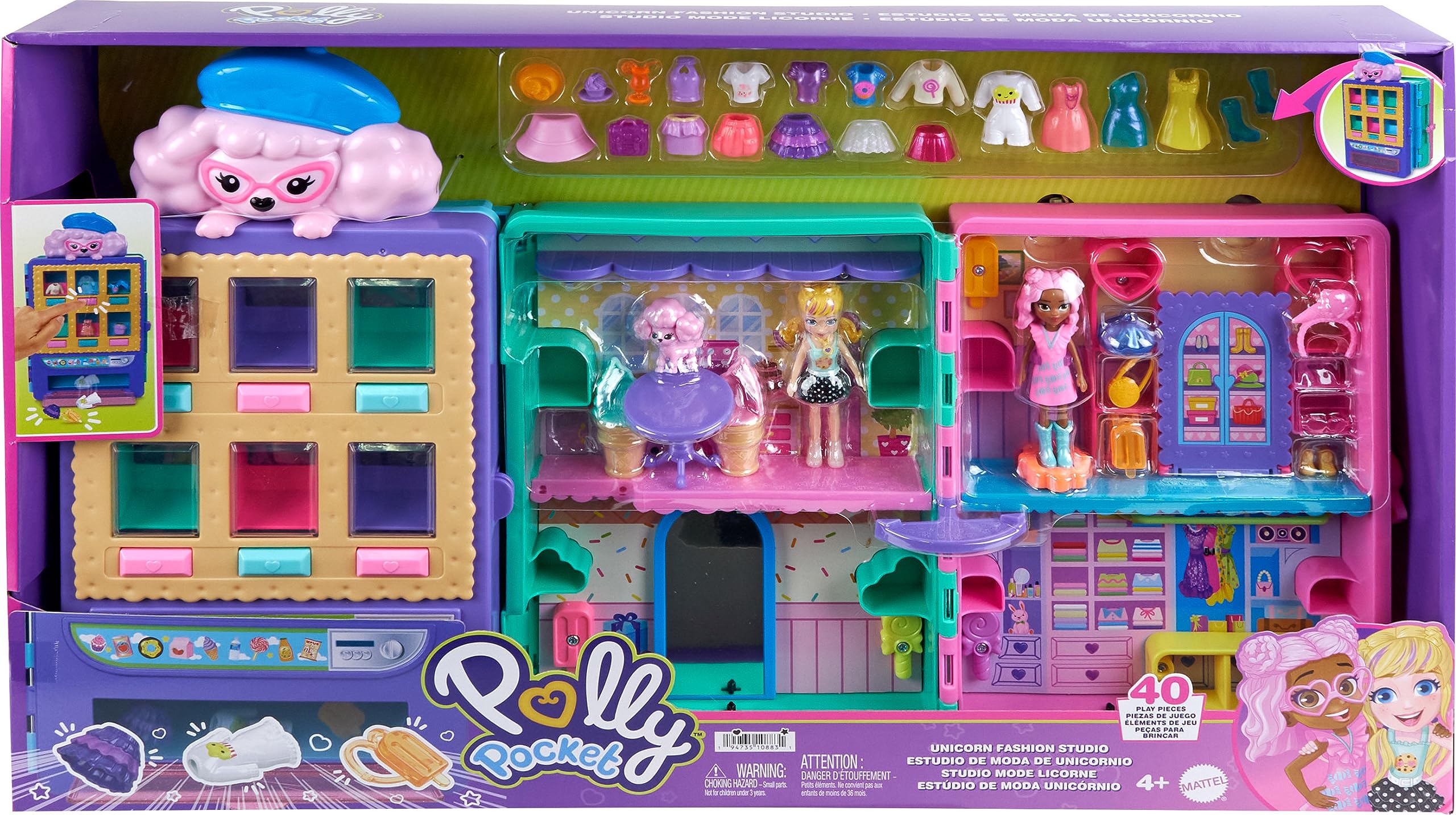 Polly Pocket Toy Vending Machine Playset, Candy Style Fashion Drop with 2 Dolls (3-inch), 1 Pet & 35+ Accessories