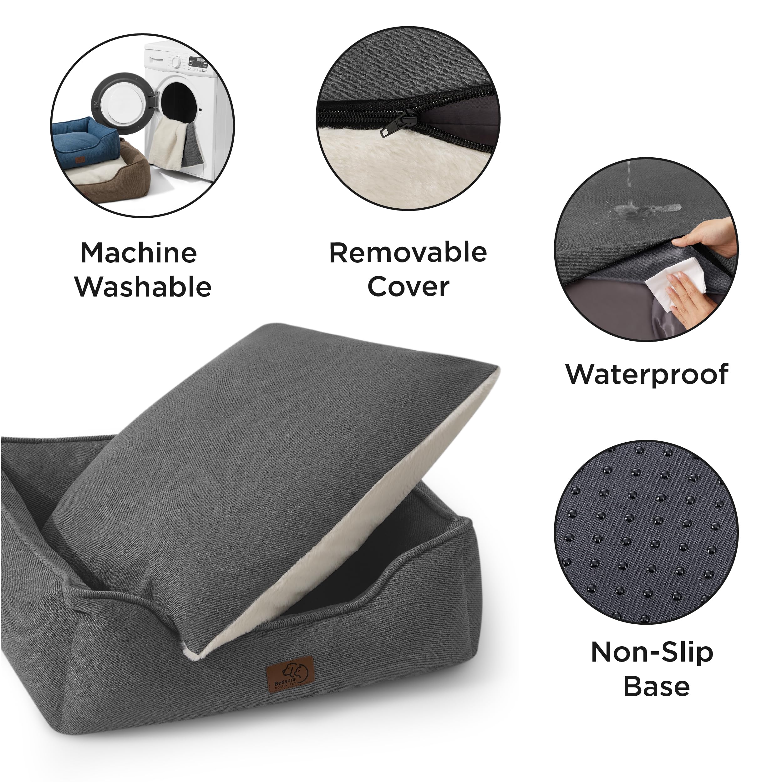 Bedsure Washable Dog Bed for Large Dogs - Waterproof All-Season Dog Beds, Rectangle Cuddle Doggy Beds with Removable Zipper Cover, 36x27x10inches, Grey