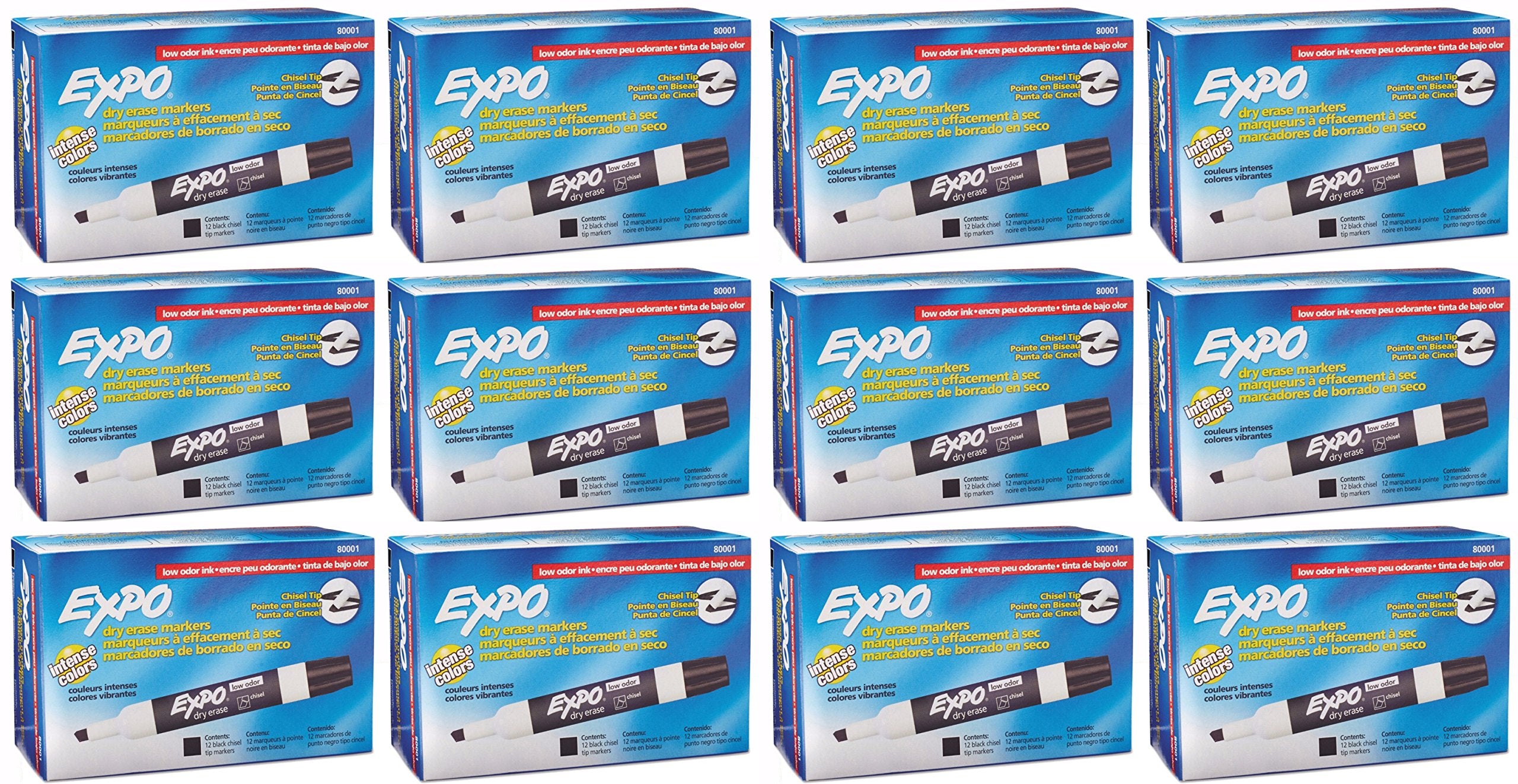 EXPO 80001 Low Odor Chisel Point Dry Erase Markers, Black, 12 Units per Box, Pack of 12 Boxes, 144 Markers Total