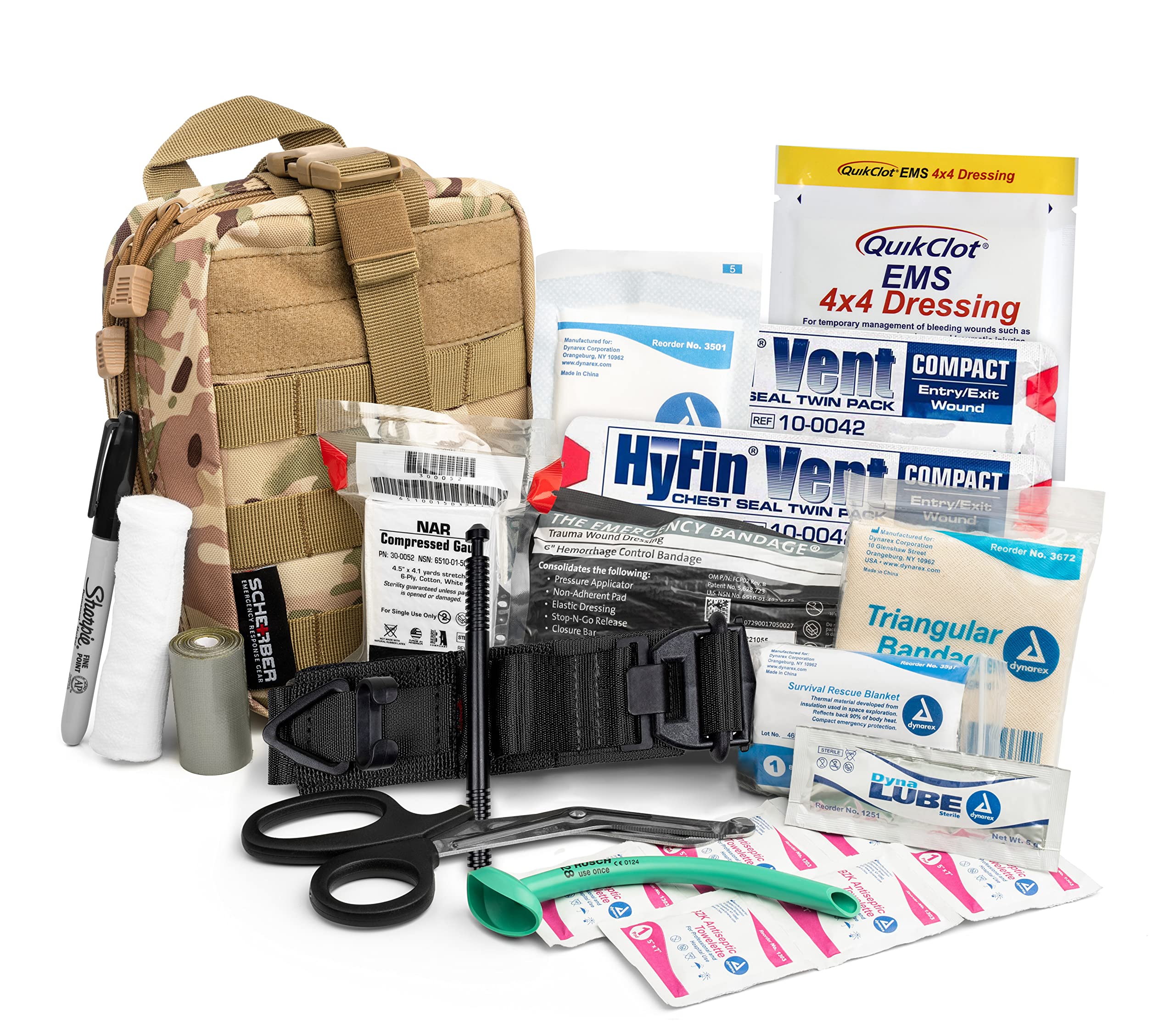 Scherber Premium IFAK Kit Trauma Pack | HSA/FSA Approved | SOF Tourniquet, QuikClot 4x4 HyFin Chest Seal, Israeli Bandage | Fully Stocked MOLLE Pouch for Gunshot, Bleeding, Major Wound Care (Camo)