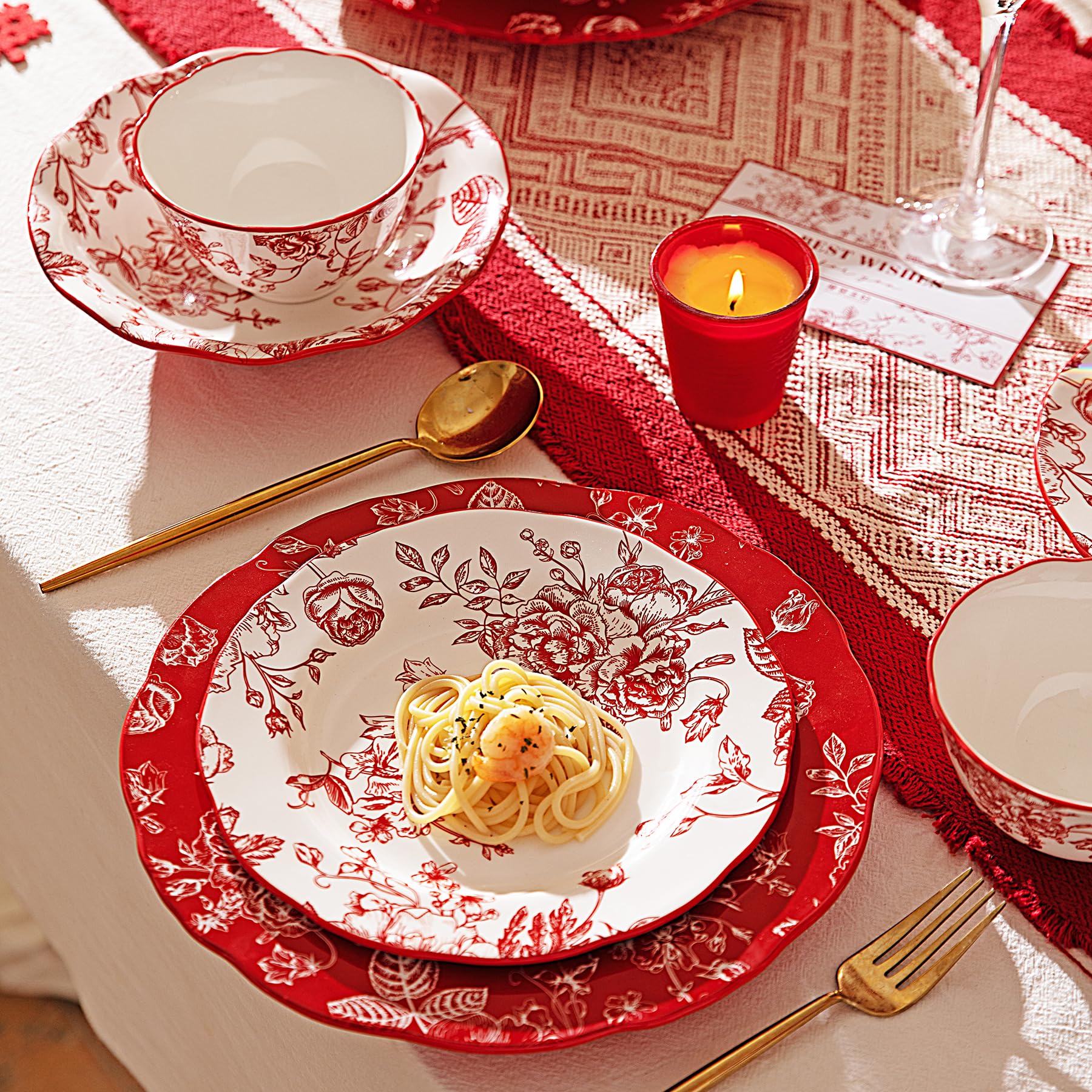 MDZF SWEET HOME 14-Piece Vintage Rose Holiday Service for 4 Dinnerware Set,Red Rose Plates and Bowls Set,Suit For Wedding,Housewarming,Afternoon Tea