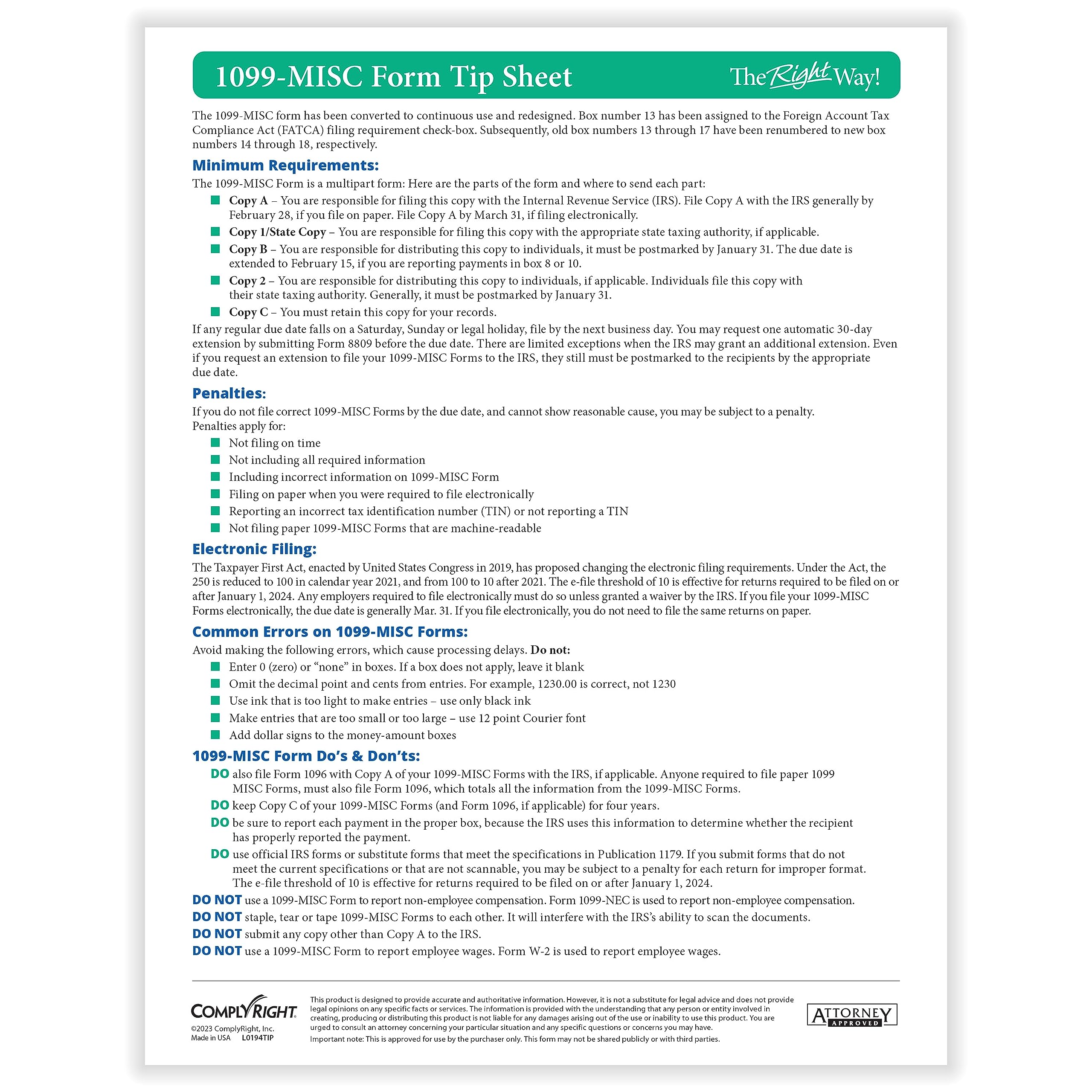 ComplyRight 2024 TaxRight 1099-MISC Tax Kit (4-Part) | 25 Recipients |Self-Seal Envelopes Included (No Software)