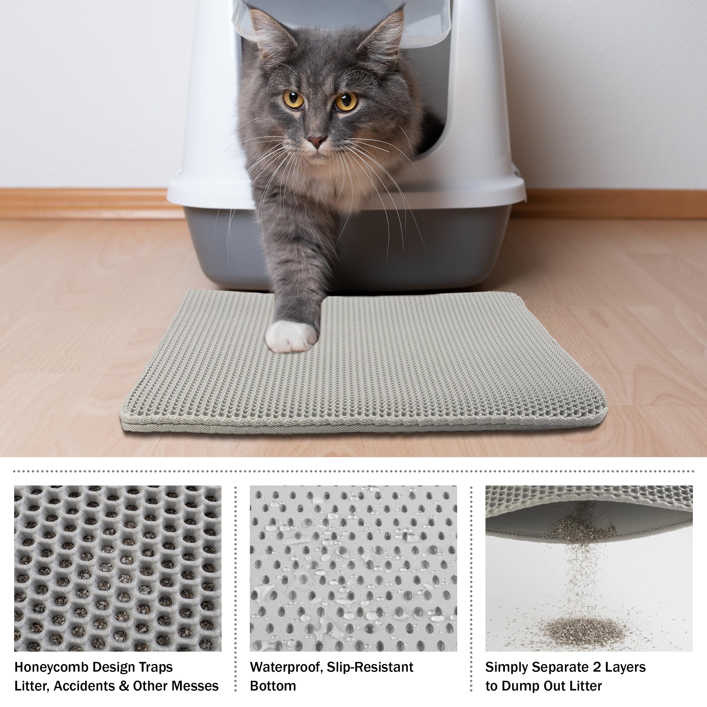 Cat Litter Mat - 24x15-Inch Waterproof Litter Box Mat with Dual-Layer Honeycomb Design for Trapping Litter - Slip-Resistant Cat Mat by PETMAKER (Gray)