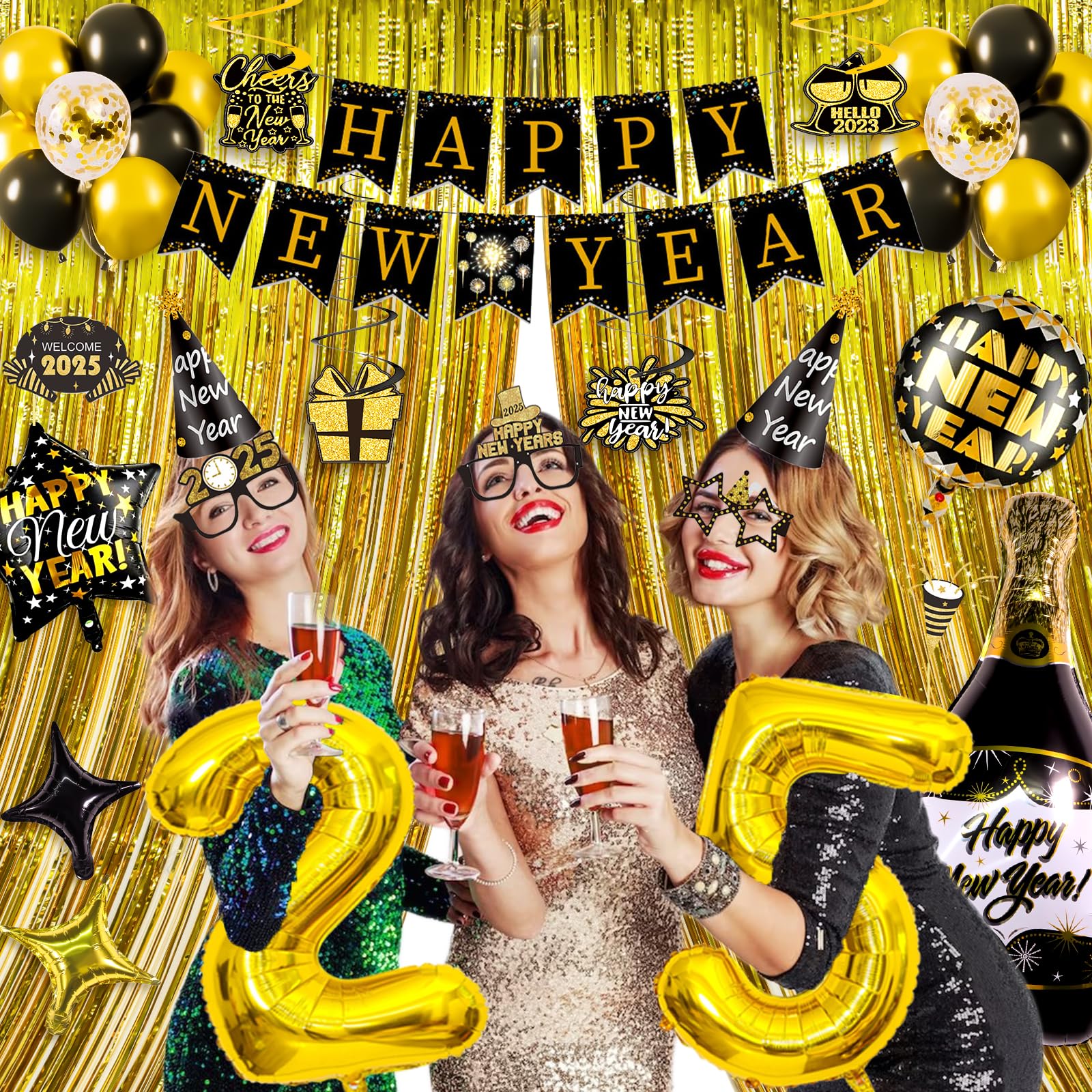 New Years Decorations 2025, New Years Eve Party Supplies 2025 Happy New Year Balloons 2025 NYE Party Kit with Cone Hats & Eyeglasses, Photo Props Happy New Year Banner Foil Curtain Hanging Swirls