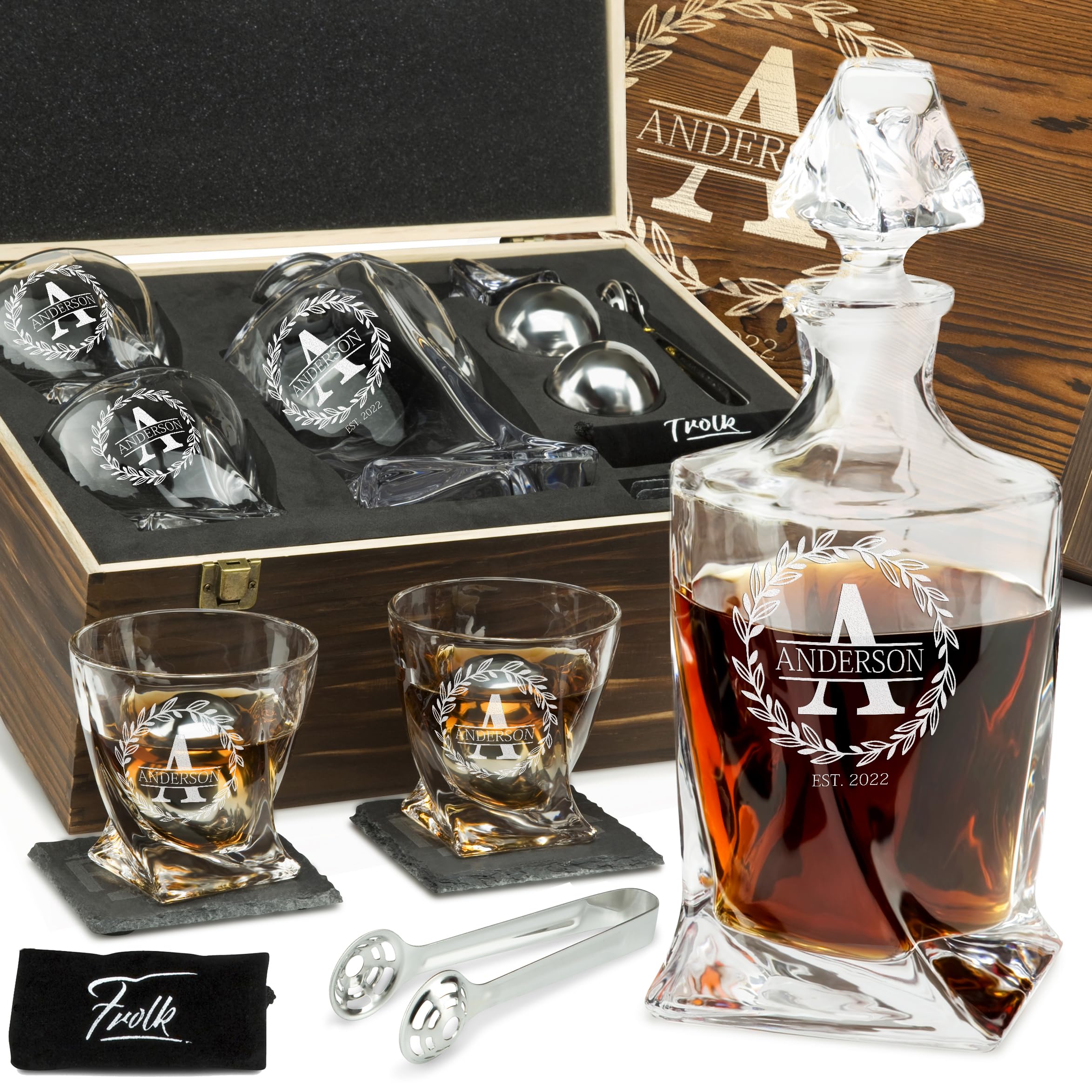 Personalized Whiskey Decanter and Stones Set - Customized Gift for Him - Men, Dad, Father - Engraved Twisted Whiskey Decanter, 2 XL Glasses, 2 XL Balls, 2 Coasters, Tongs, Pouch in Wooden Box