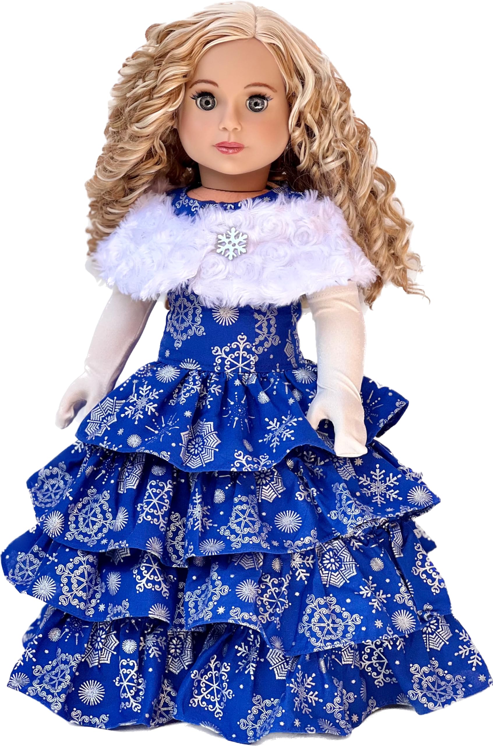 Silver Snowflake - 3 Piece 18 inch Doll Outfit - Blue Gown with White Stole and Long Gloves - (Doll Not Included)