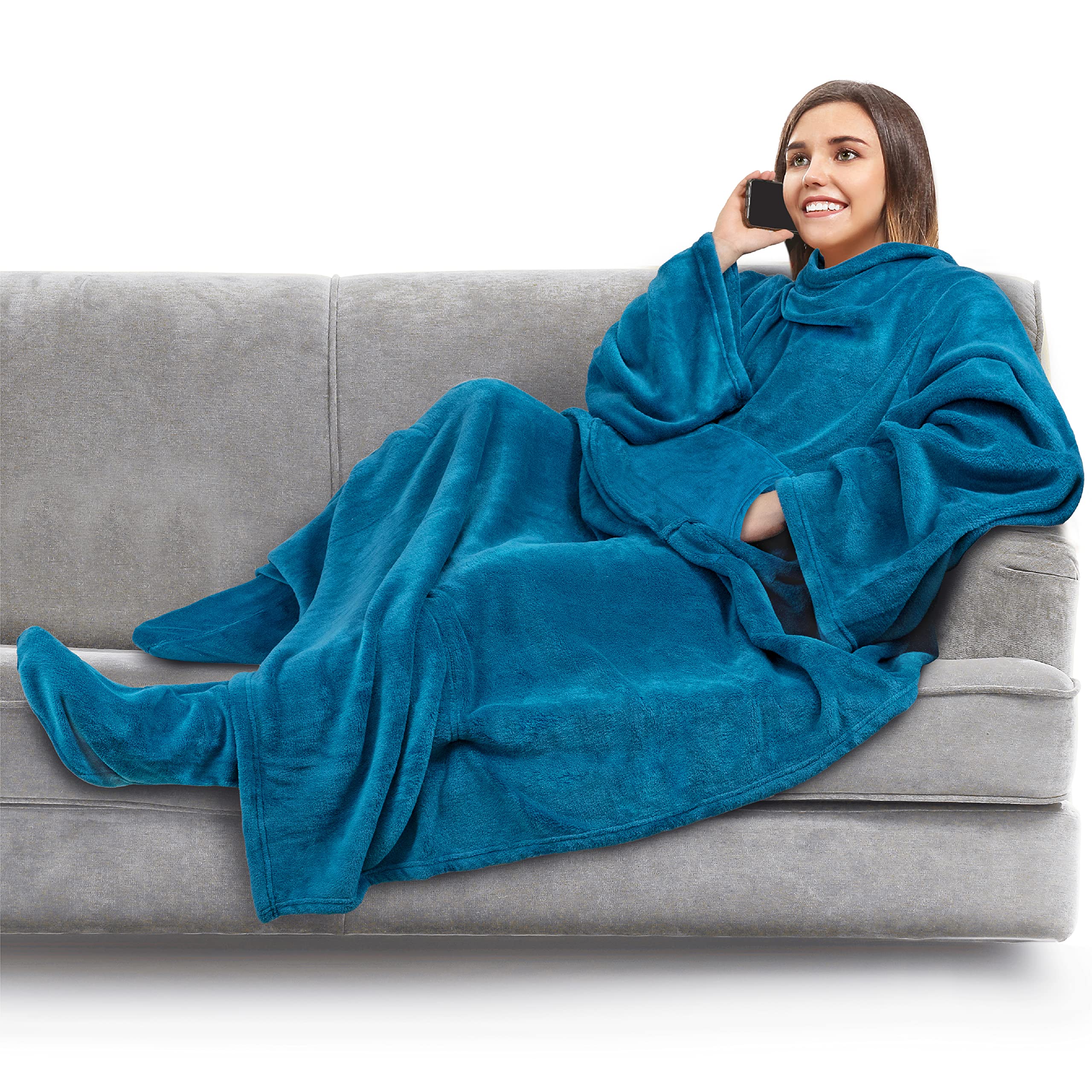 PAVILIA Fleece Blanket with Sleeves, Foot Pockets for Women Men Adults, Plush Wearable Blanket Throw Wrap, Warm Snuggle Blanket Robe, Cozy Gift Ideas Wife Mom, Teal Blue