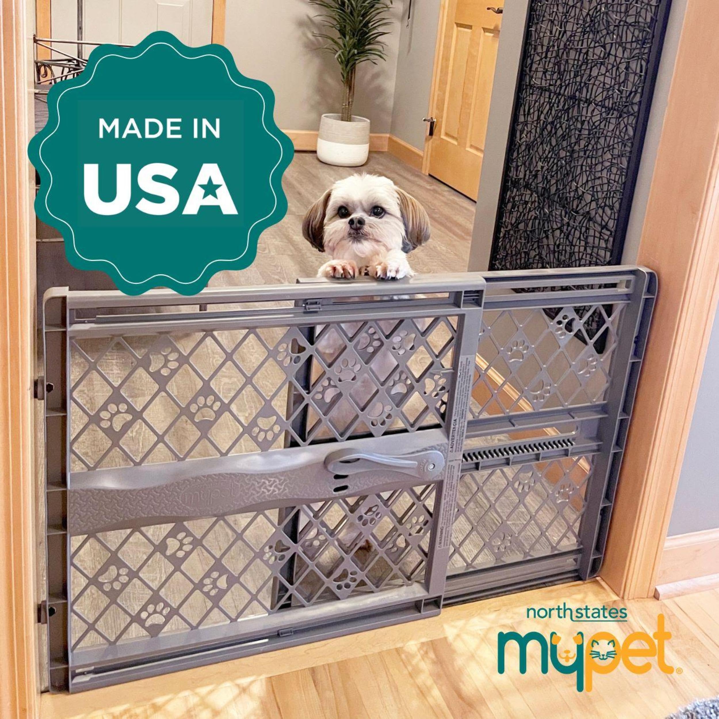 MYPET North States Paws Portable Pet Gate: 26-40" Wide. Pressure Mount. No Tools Needed. Made in USA. Dog Gate 23" Tall, Expandable, Durable Dog Gates for Doorways, Fieldstone Gray