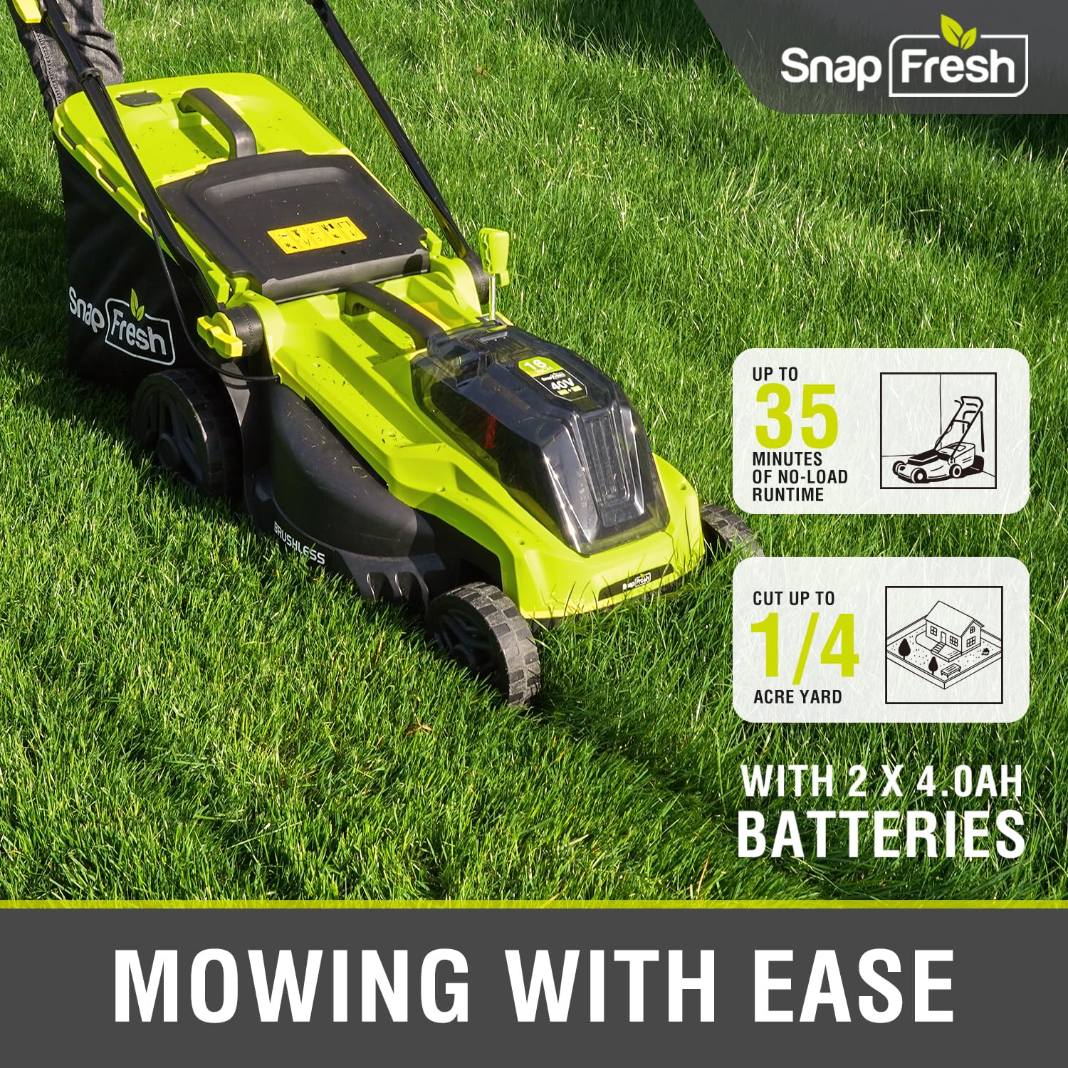 SnapFresh Electric Lawn Mower - 40V 16” Cordless Lawn Mower with 4.0Ah Battery x 2 and Fast Charger Included - Battery Operated Push Lawn Mowers with Bagger, Brushless Motor