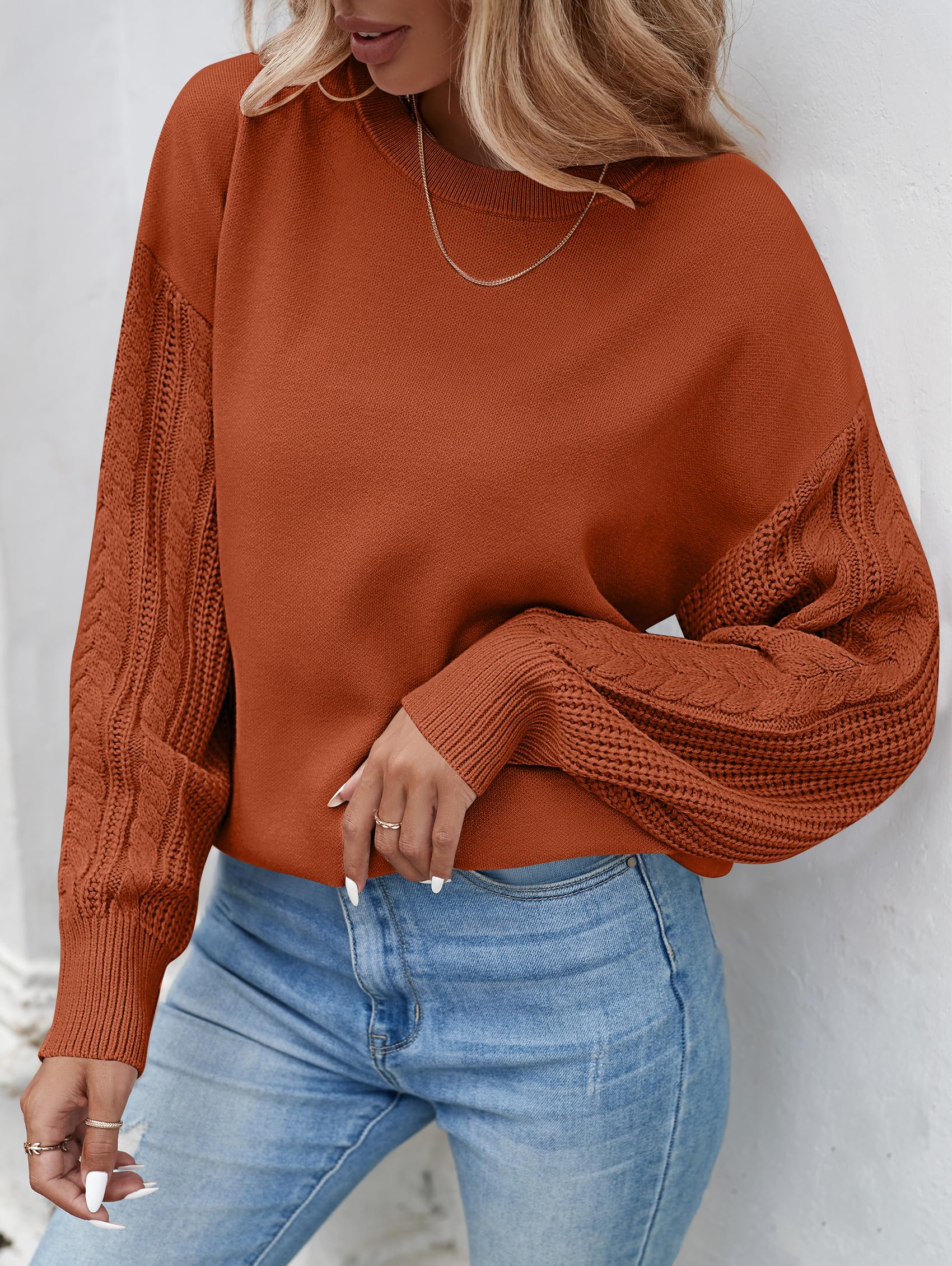 ZESICA Women's 2024 Fall Long Sleeve Crew Neck Solid Color Cable Knit Chunky Casual Oversized Pullover Sweater Tops,DeepOrange,Small