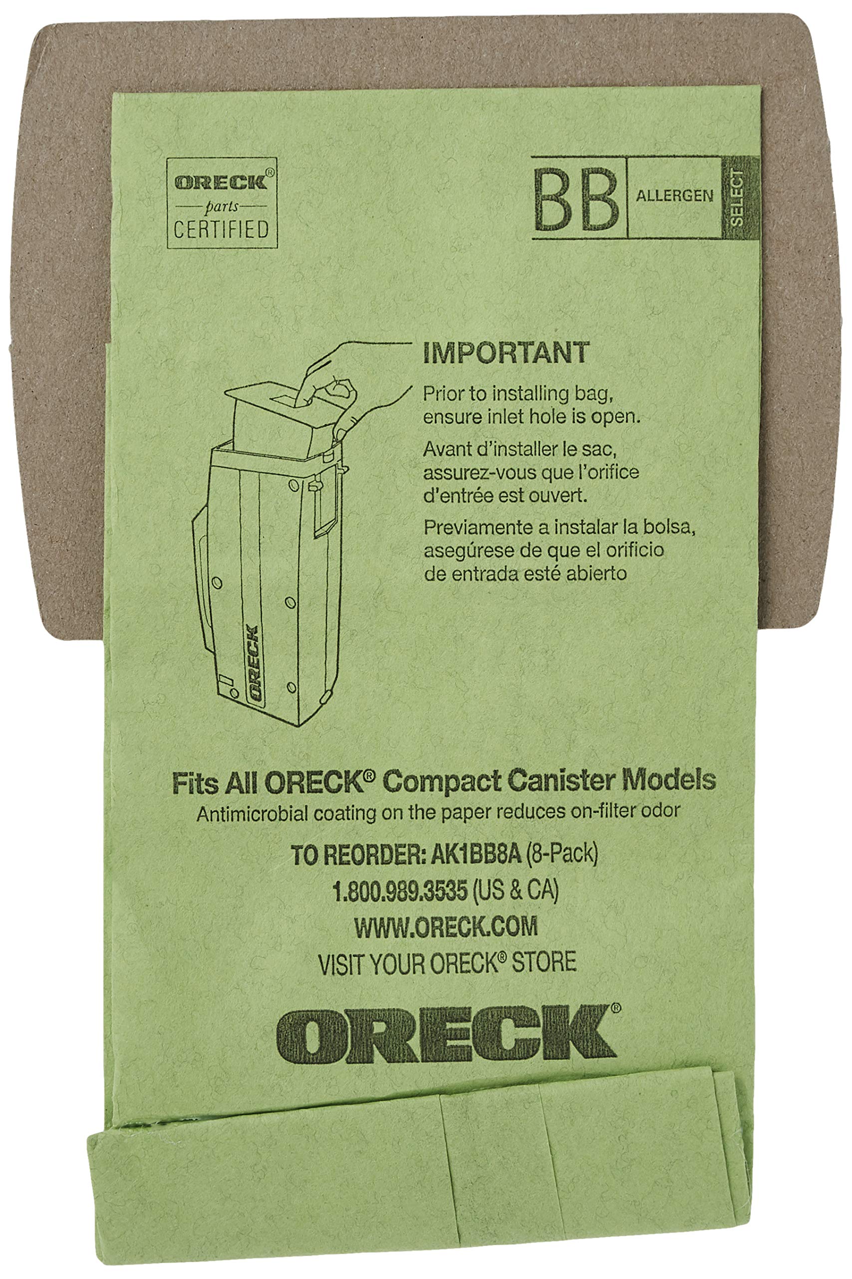 Oreck Genuine Buster B Canister Vacuum Paper Bags, 8-Pack, AK1BB8A, Green