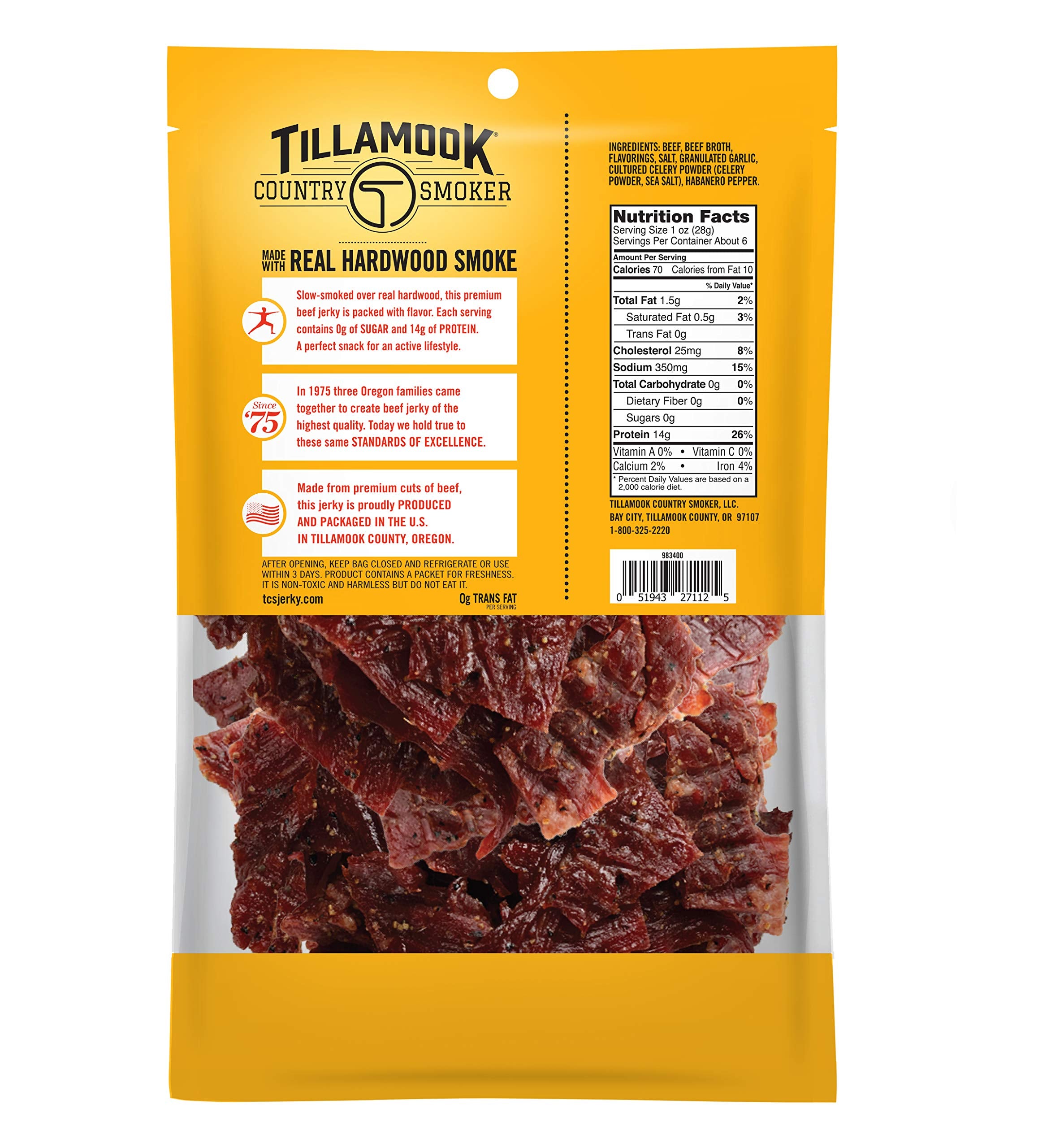 Tillamook Country Smoker Keto Friendly Zero Sugar Beef Jerky, Hot & Spicy, 6.5 Ounce