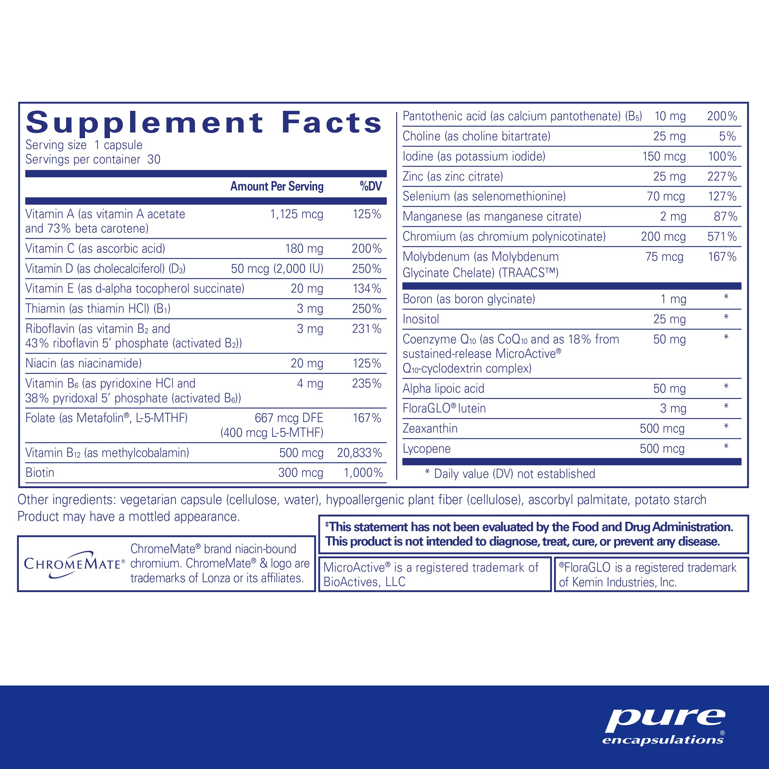 Pure Encapsulations O.N.E. Multivitamin - Once Daily Multivitamin with Antioxidant Complex Metafolin, CoQ10, and Lutein to Support Vision, Cognitive Function, and Cellular Health* - 30 Capsules