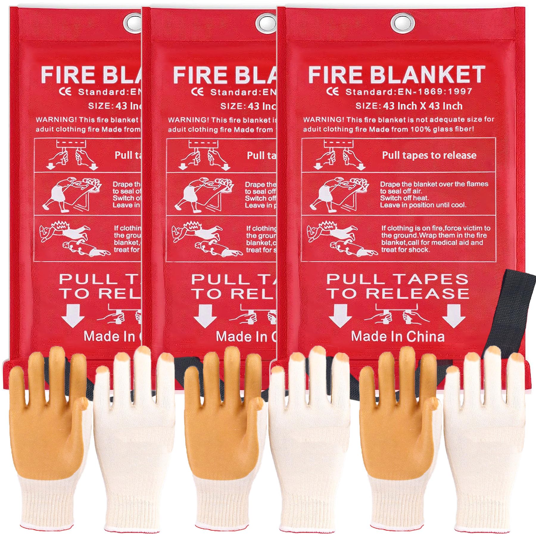 ZYIGYI 43 in Emergency Fire Blanket - 3 Pack Fire Suppression Blanket for Kitchen Home Fireplace Grill Office and 3 Pair Gloves