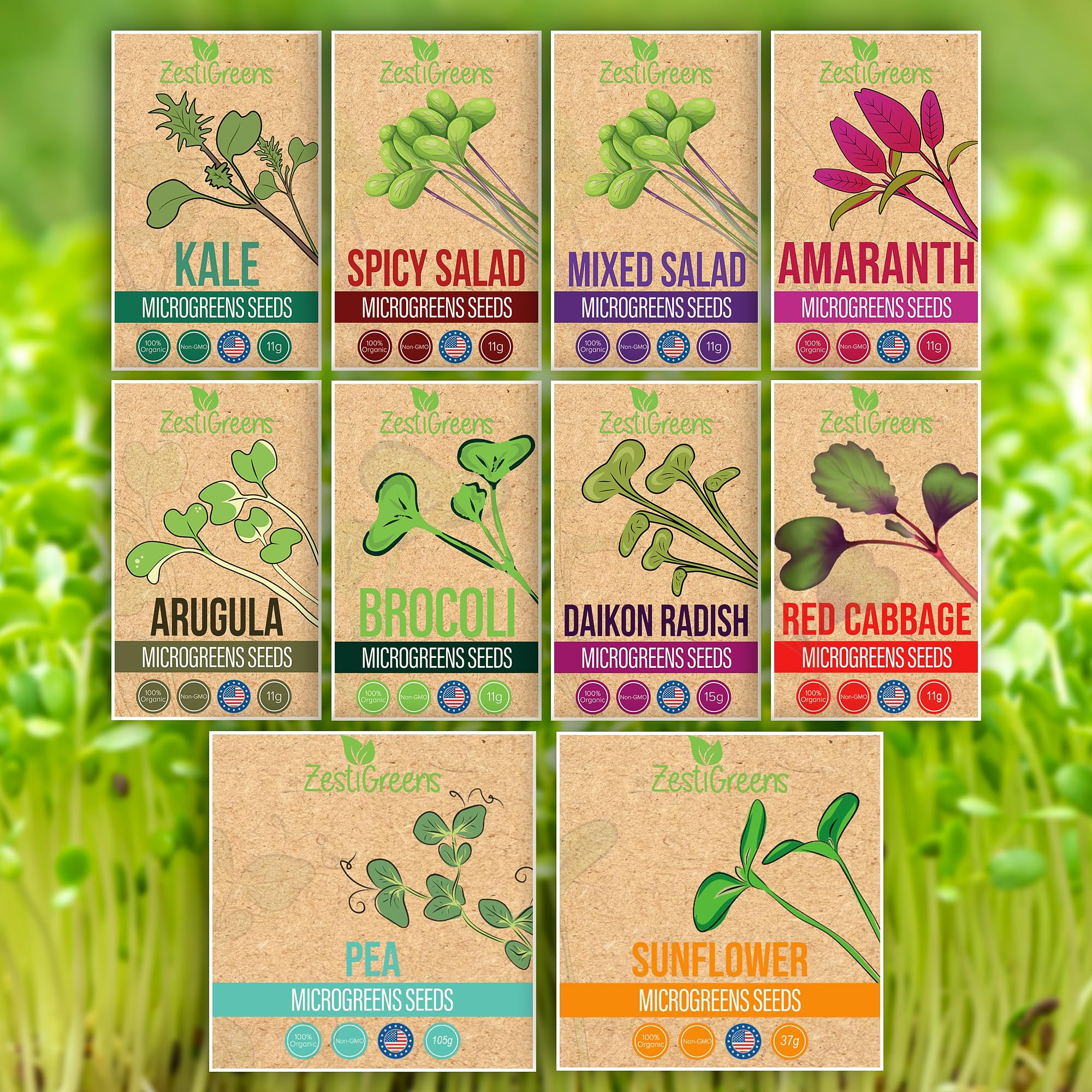 10 Variety Pack Microgreens Seeds - Broccoli, Sunflower, Pea, Salad Mix, Daikon Radish, Kale, Amaranth, Spicy Salad, Red Cabbage, & Arugula. Grow Your own Microgreens with These Organic Seeds.