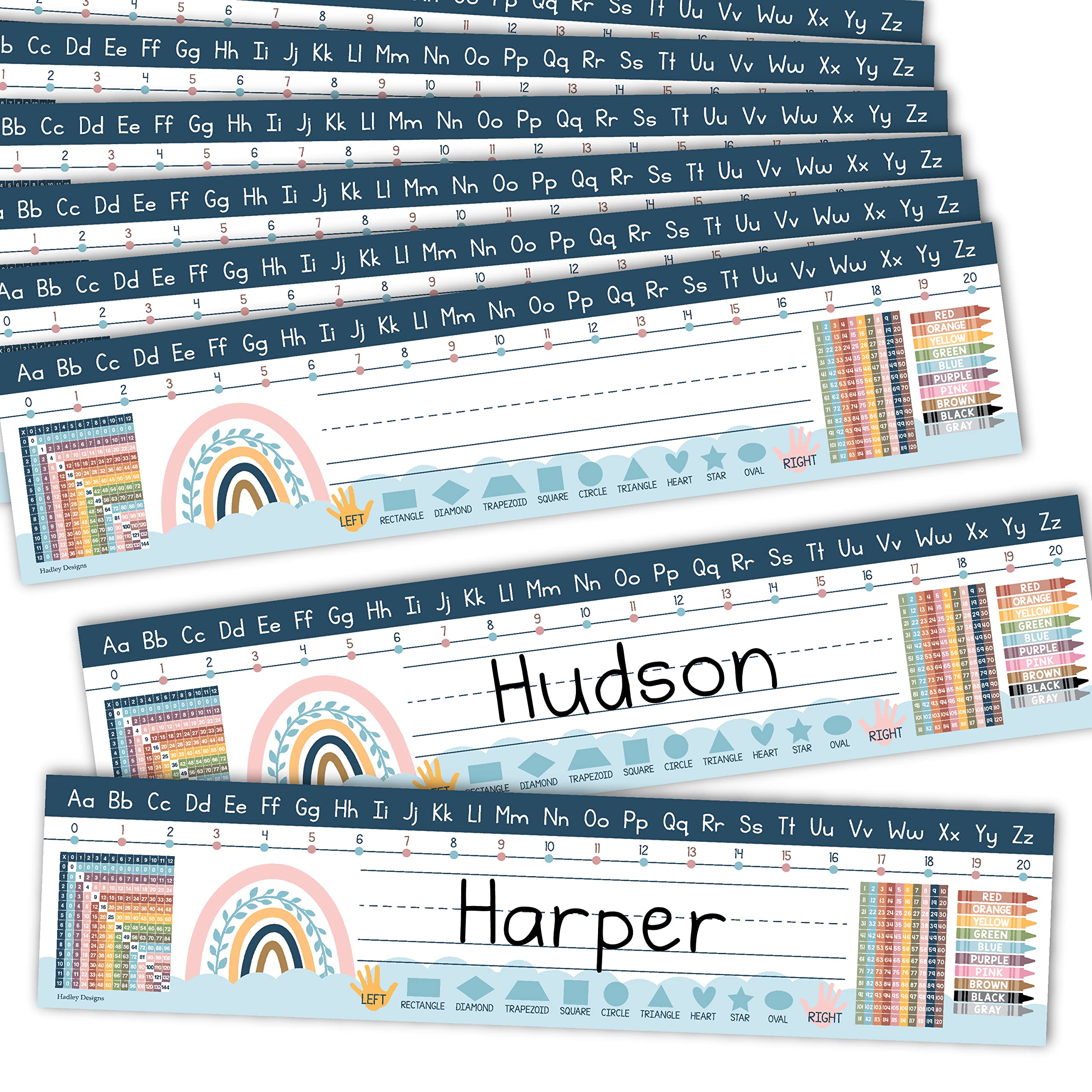 Hadley Designs 25 Boho Teacher Name Plate for Desk Classroom - Desk Name Tags Classroom Kindergarten, Student Desk Name Plates for Classroom, Number Lines for Students Desk, Name Plate for Kids Desk