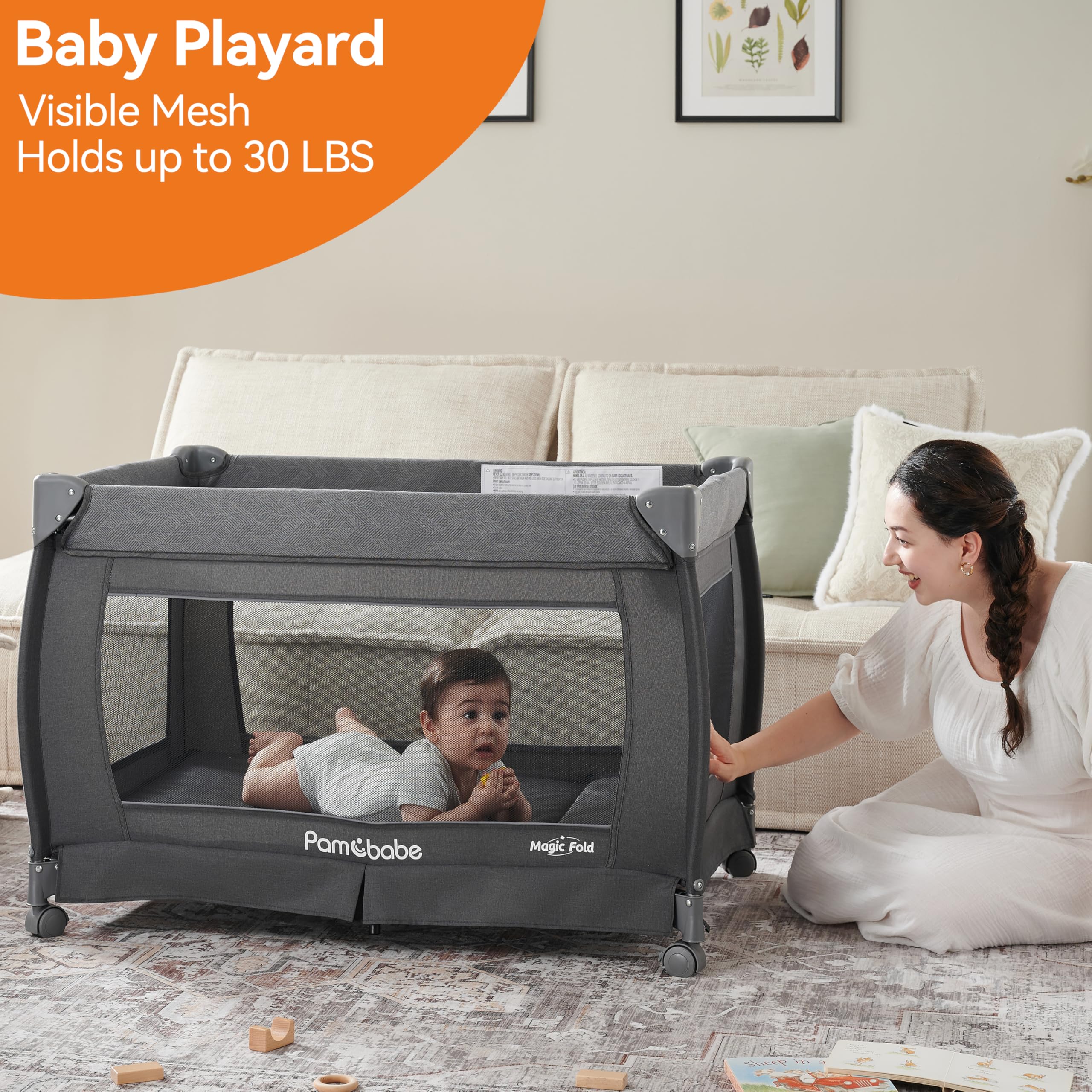 Pamo Babe Magic Fold Playpen Portable Cribs Foldable Playpen Baby Playard One-Hand Folding Playards with Sleep Nest Newborn Bassinet Diaper Changer and Storage Spaces