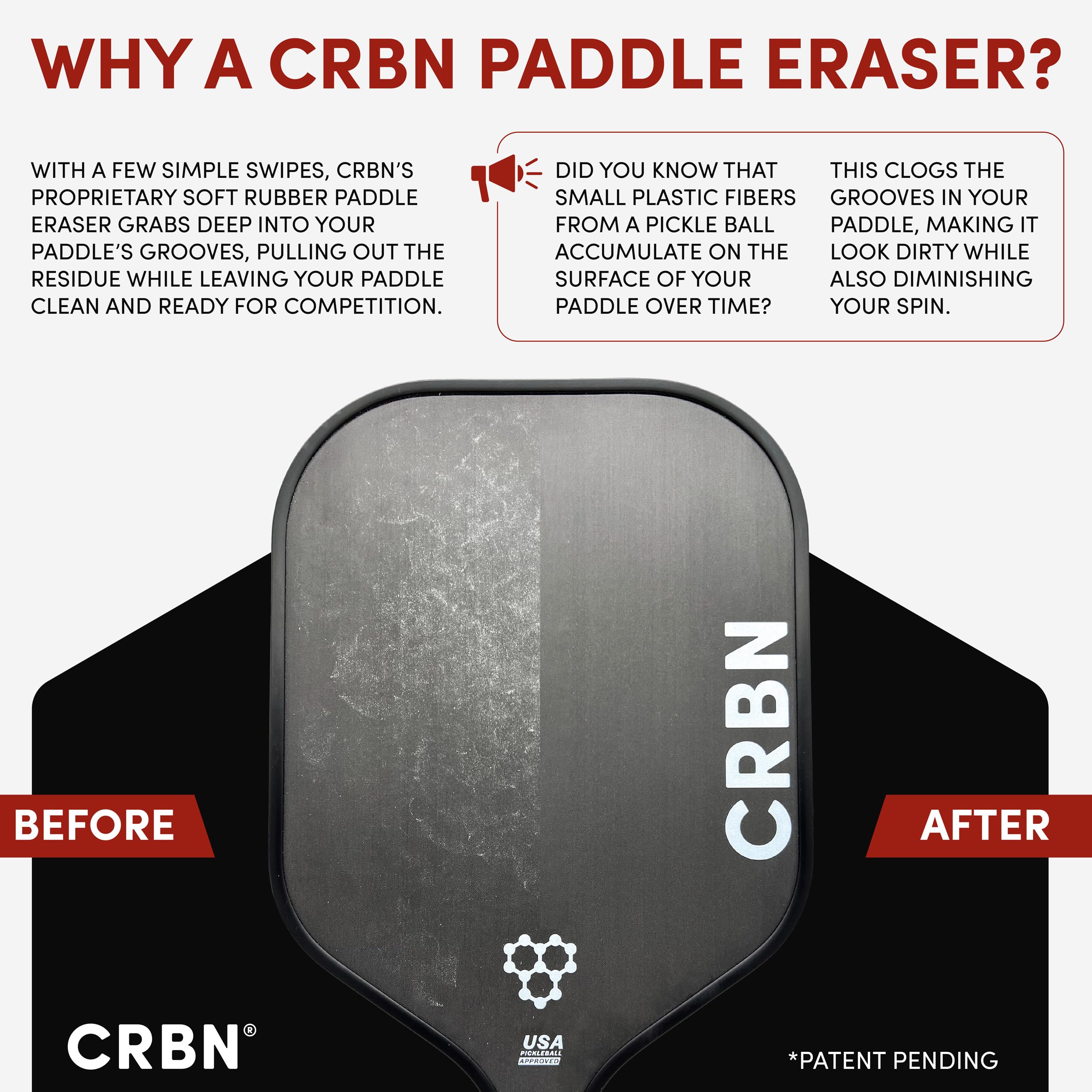 CRBN Pickleball Paddle Eraser, Best Carbon Fiber Pickle Ball Racket Cleaner, Fast & Easy Rubber Bar to Remove Ball Residue, Dirt, & Minor Scrapes/Scratches - Patent Pending