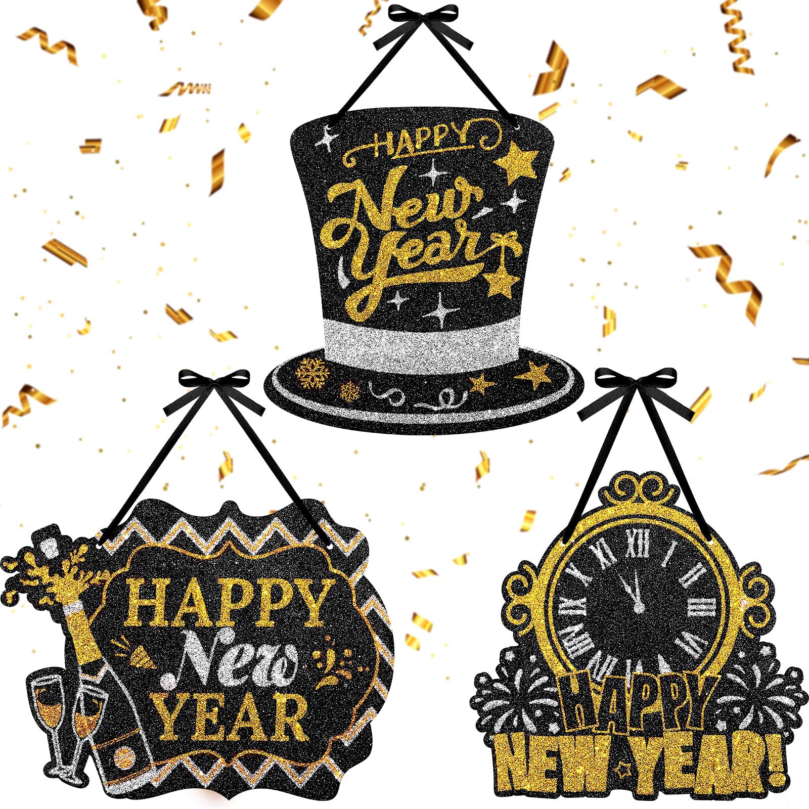 Jetec 3 Pieces Glitter Happy New Year Sign 2025 Wooden New Year Hanging Sign Black Gold New Year Party Decorations New Years Eve Party Supplies with 6 Pieces Black Ribbon for New Year(Vivid Style)