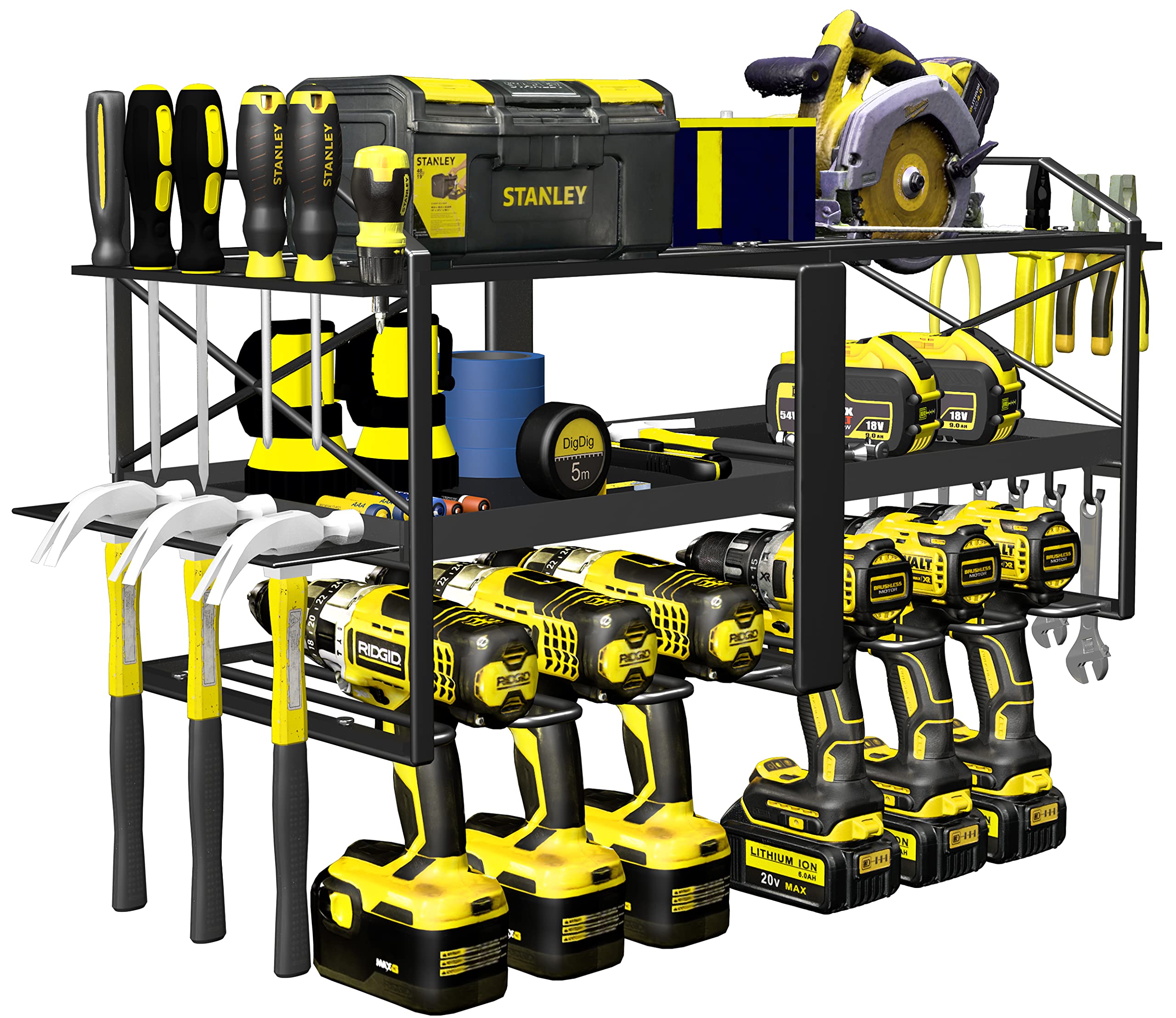 Spaclear Power Tool Organizer Wall Mounted Rack with 6 Drill Holders for Cordless Drill 3 Layer Heavy Duty Metal Power Tool Storage Rack for Garage Tool Organizer and Storage