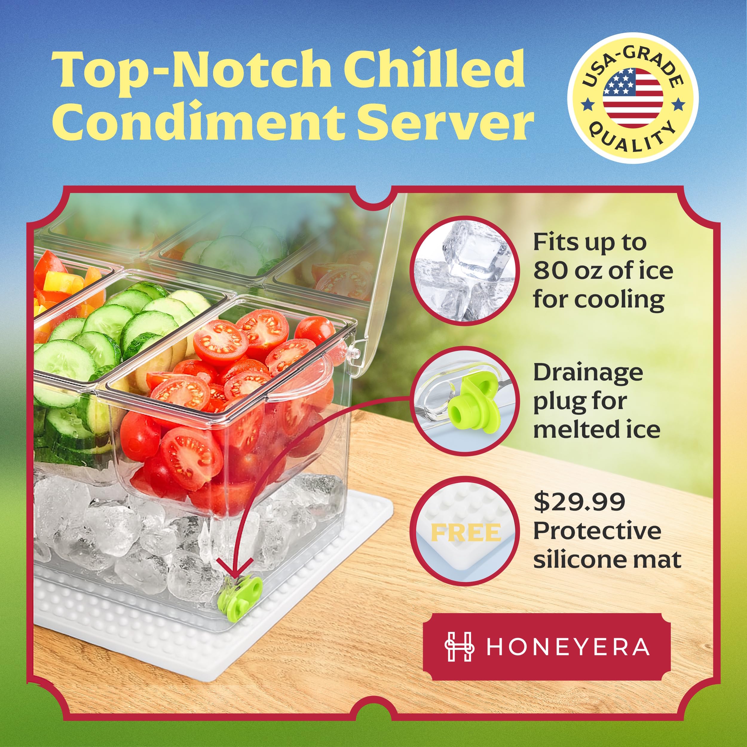 Honeyera Chilled Condiment Server | Hosting Essentials for Up to 80 Oz of Ice | Mimosa Bar Supplies Drain Plug | BPA-Free Taco Bar/Salad Bar | Food-Safe Condiment Caddy (Parent) (White, 1 Pack)