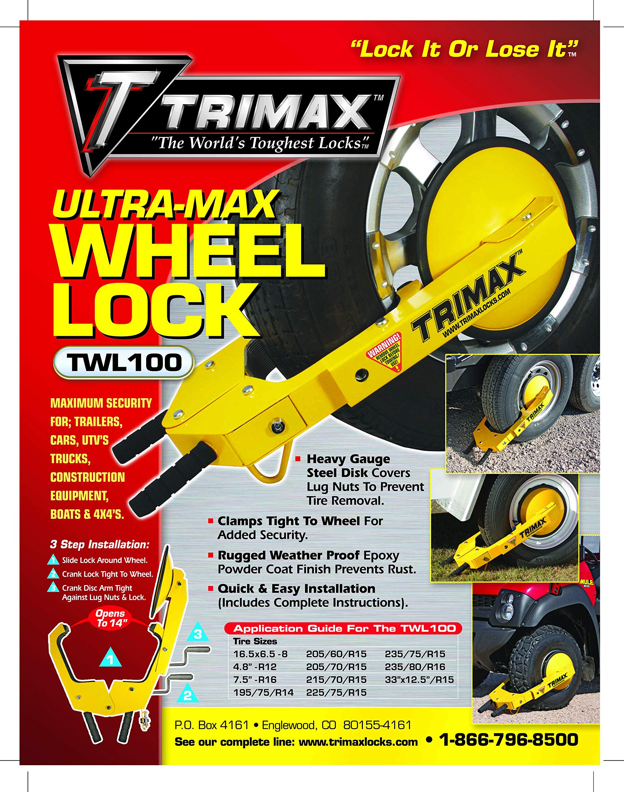 Trimax TWL100 Ultra-Max Adjustable Wheel Lock, Yellow/Black