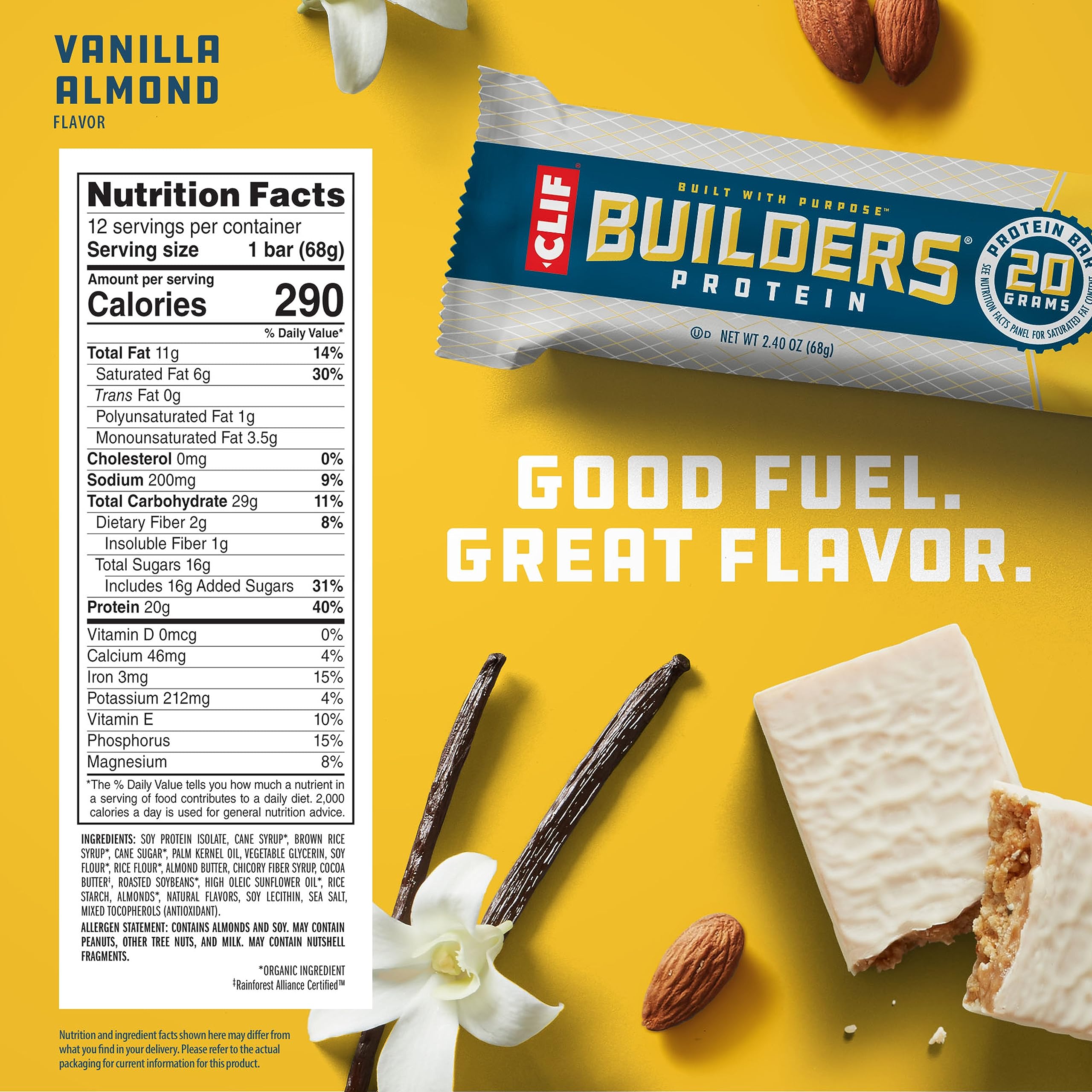 CLIF Builders - Vanilla Almond Flavor - Plant Based Protein Bars - Gluten Free - Non-GMO - Low Glycemic - 20g Protein - 2.4 oz. (12 Count)