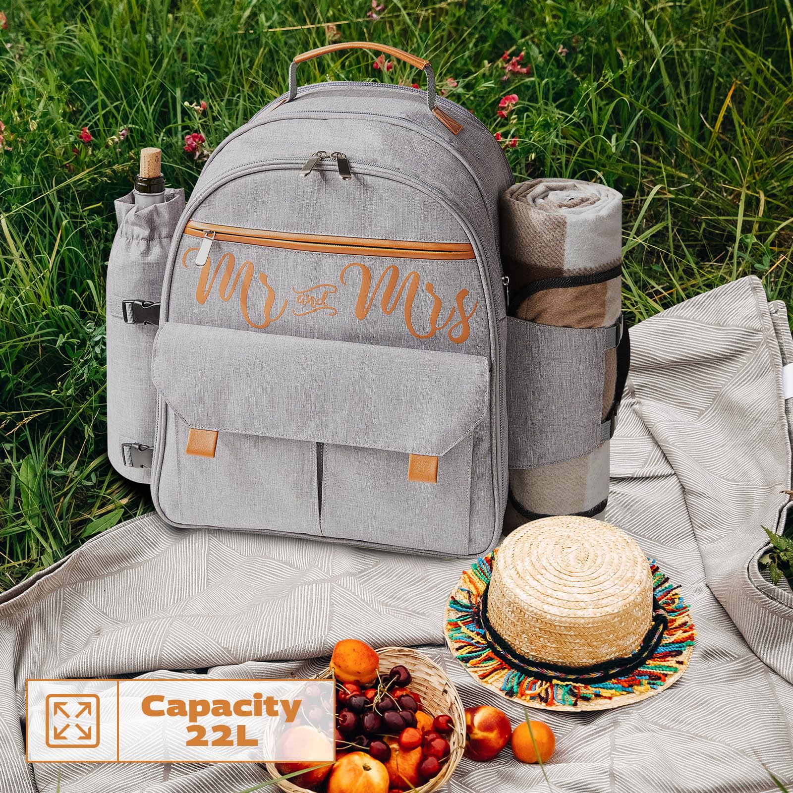 22L Insulated Picnic Basket Soft Camping Cooler Leak Proof Backpack for 2, Gray, Cool Bridal Shower Gifts for Bride Engagement Wedding Gifts, Anniversary Mr & Mrs Gifts for Newly Engaged Couples