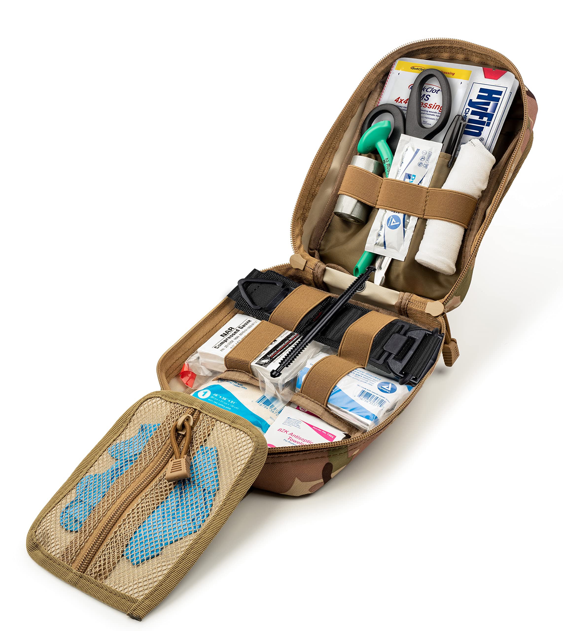 Scherber Premium IFAK Kit Trauma Pack | HSA/FSA Approved | SOF Tourniquet, QuikClot 4x4 HyFin Chest Seal, Israeli Bandage | Fully Stocked MOLLE Pouch for Gunshot, Bleeding, Major Wound Care (Camo)