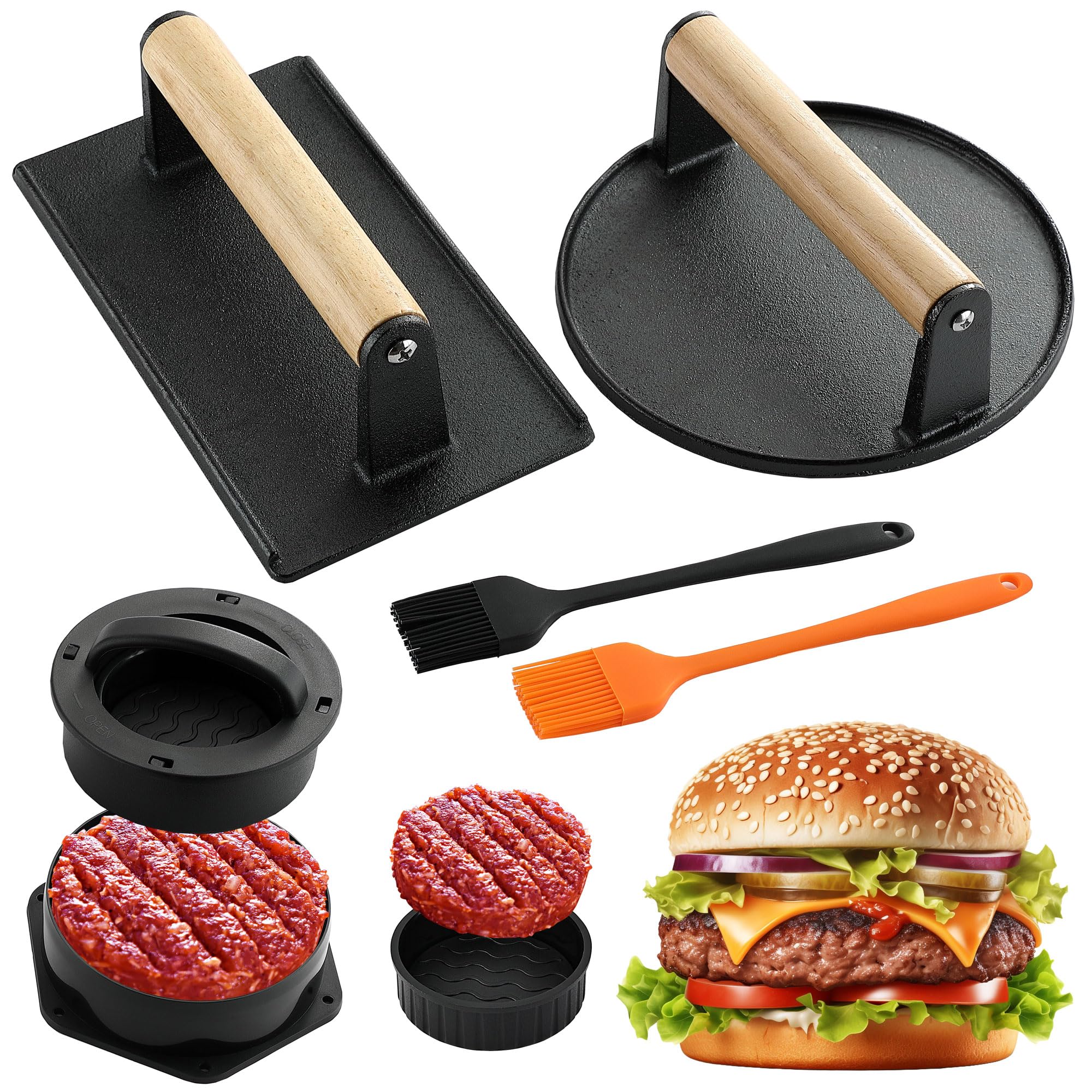 POLIGO Smash Burger Press Kit - 4 in 1 Stuffed Burger Mold, Cast Iron Burger Presses, Sauce Brushes Included - Non Stick Smash Burger Press Set for Grill and Griddle Cooking - Round and Rectangle