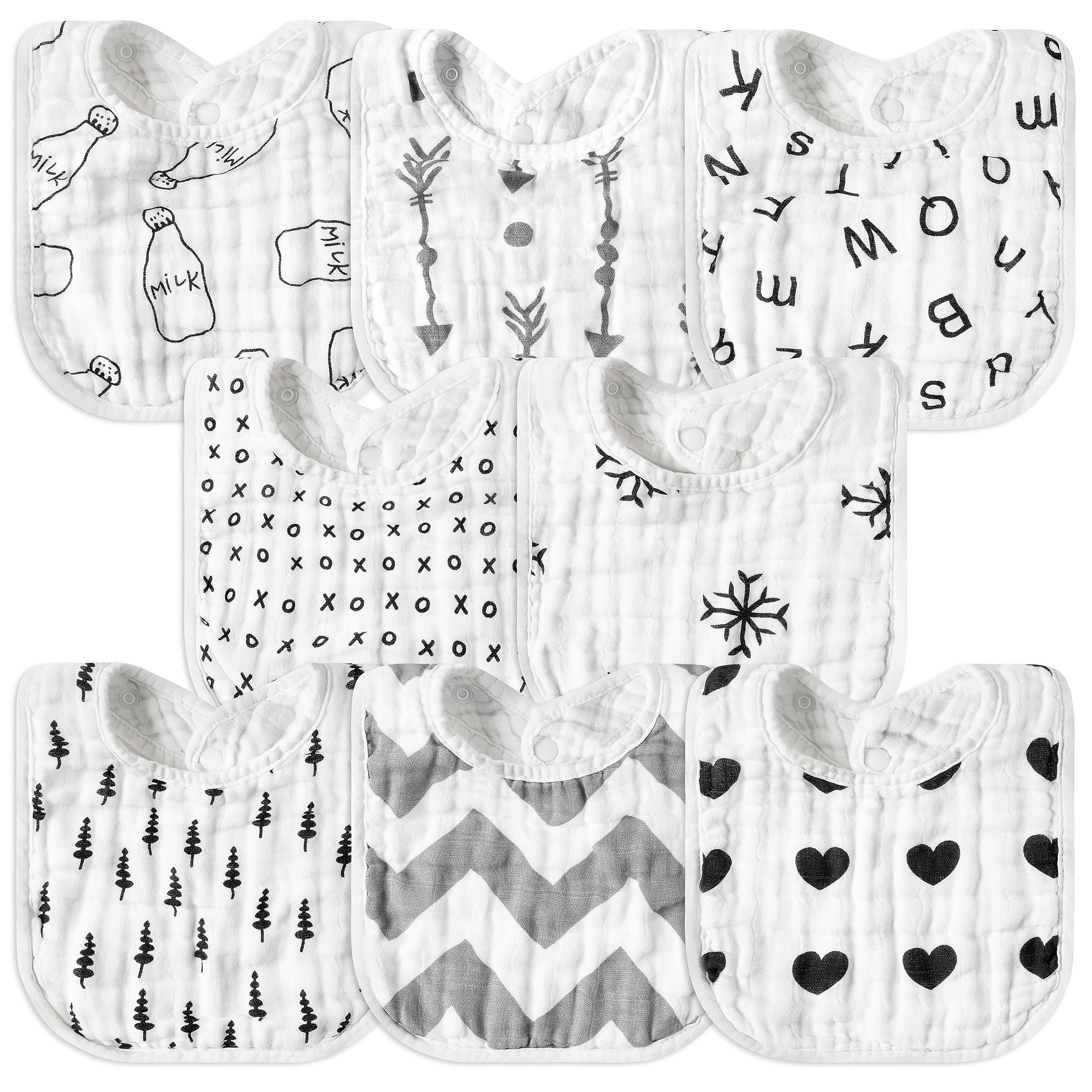 GROBRO7 8P Muslin Baby Bibs Black & White Pattern Soft Cotton Adjustable Snap Drool Bibs Absorbent Breathable Feeding Bib Machine Washable Burp Cloths for 0-24 Months Unisex Newborn Teething Drooling