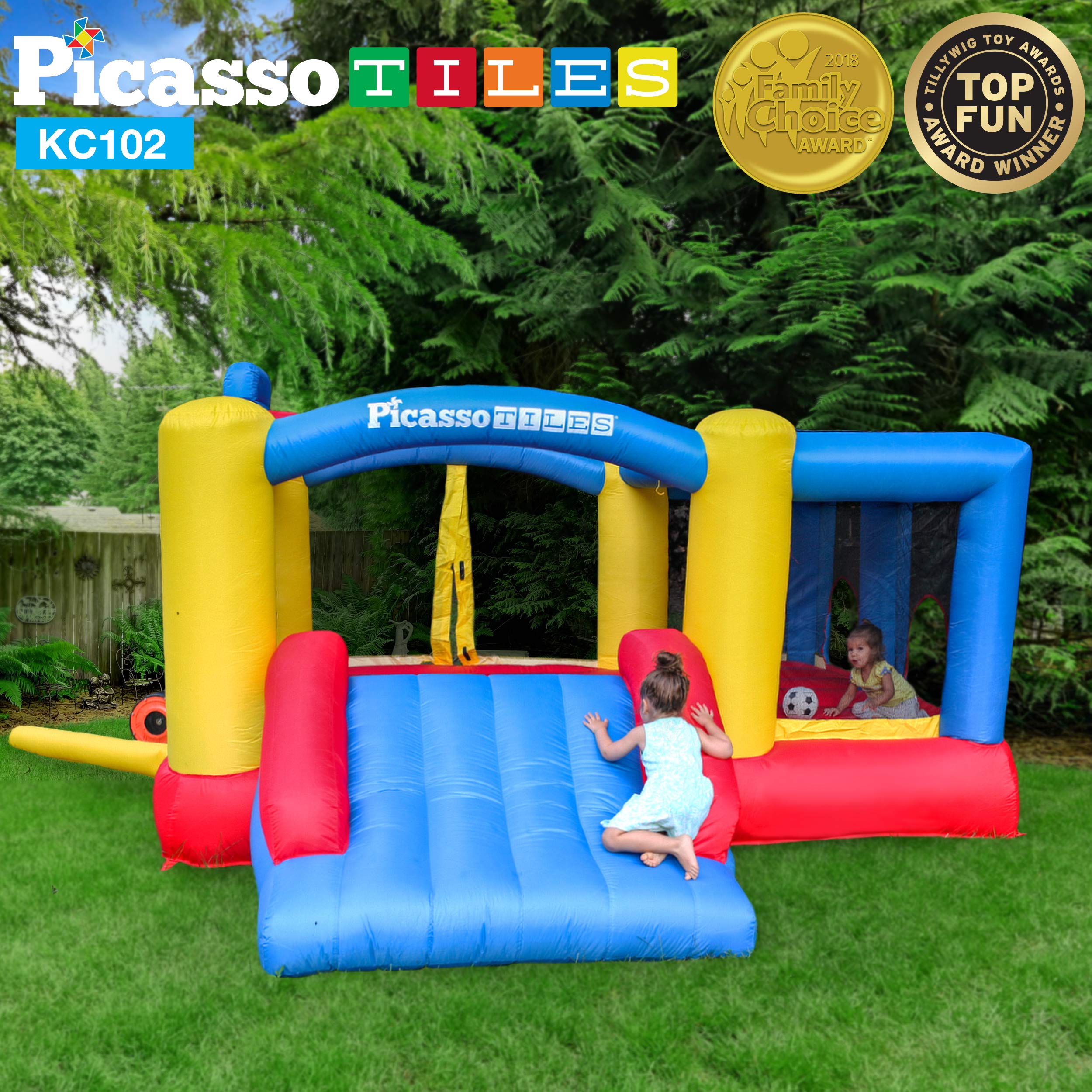 [Upgrade Version] PicassoTiles KC102 12x10 Foot Inflatable Bouncer Jumping Bouncing House, Jump Slide, Dunk Playhouse w/Basketball Rim, 4 Sports Balls, Full-Size Entry, 580W ETL Certified Blower