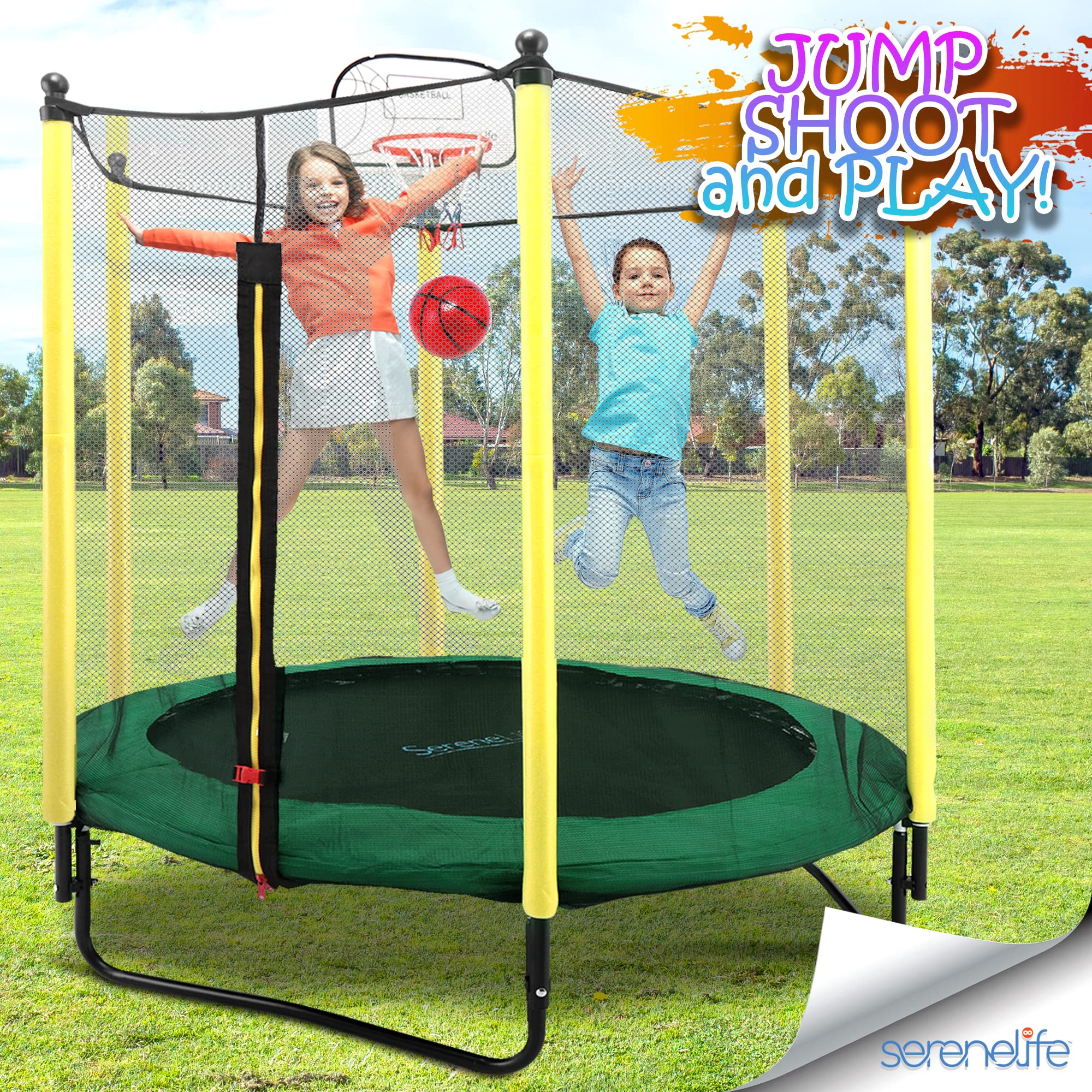 SereneLife 5ft Outdoor and Indoor Mini Toddler Trampoline with Enclosure Safety Net Basketball Hoop Jumping Fun Trampoline for Kids/Children, Basketball Hoop, Net Cage, Bday Gifts for Boys/Girls