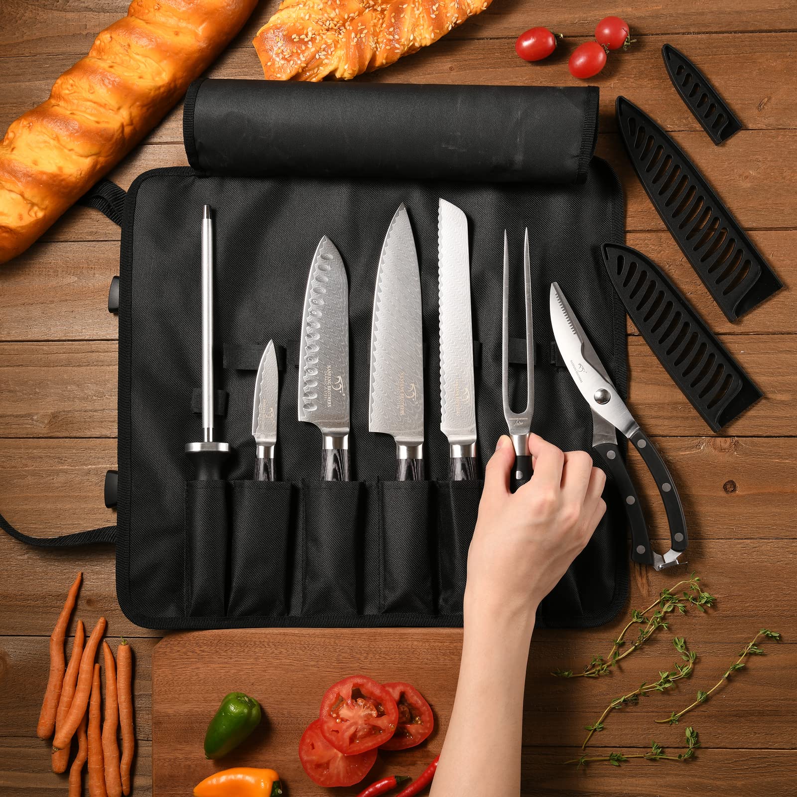 NANFANG BROTHERS Chef Knife Set with Bag, 8 Pieces Damascus Steel Chef Knives with Portable Knife Roll Storage Bag, Blade Guards, Carving Fork, Sharpener and Kitchen Shears for Outdoor Camping Travel