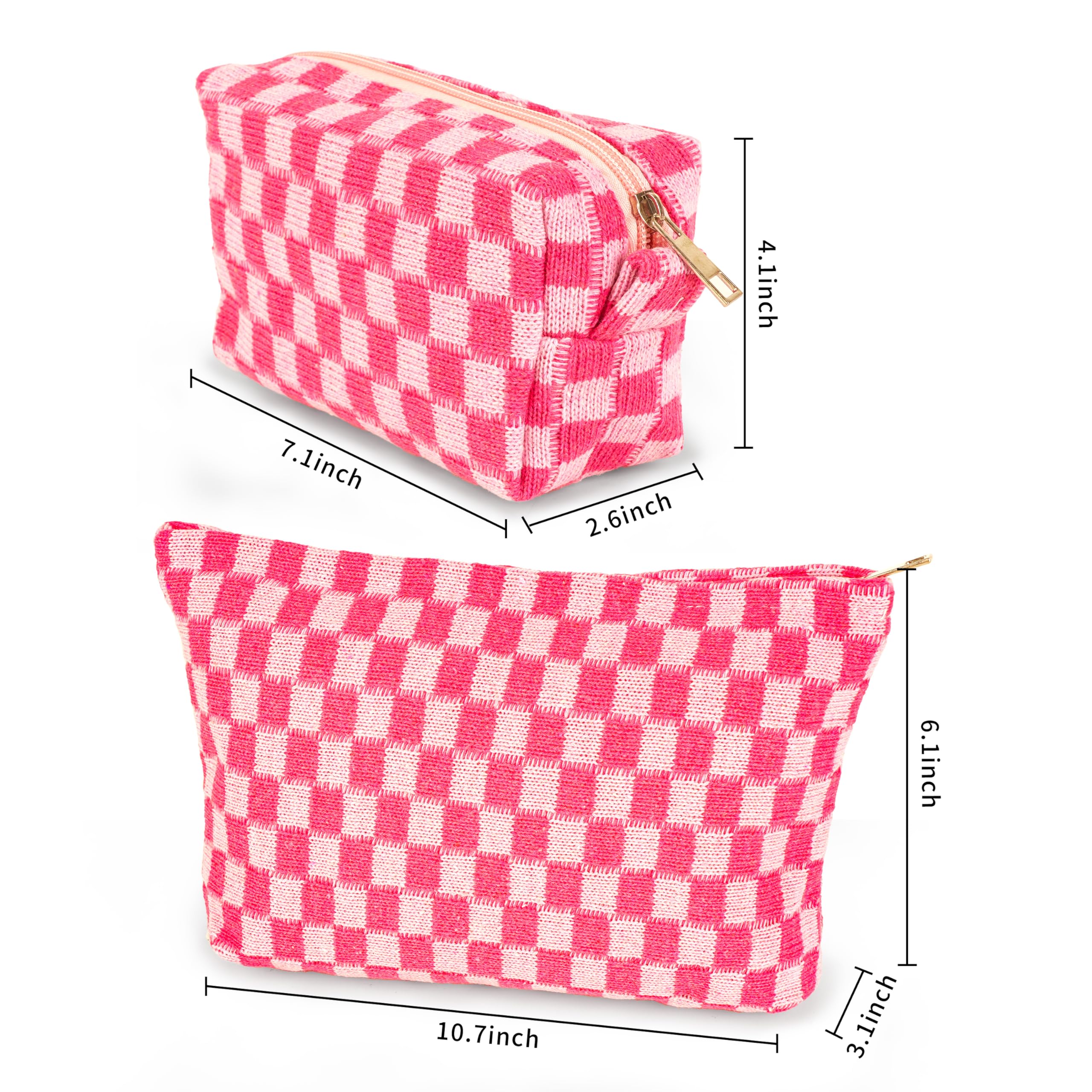 GUTGNK 2-Pack Makeup Bag For Women - Large Checkered Knitted Cosmetic Bags&Small Makeup Pouch Aesthetic Design Travel Toiletry Bag Skincare Bag Car Storage Bag With Zipper(Pink)