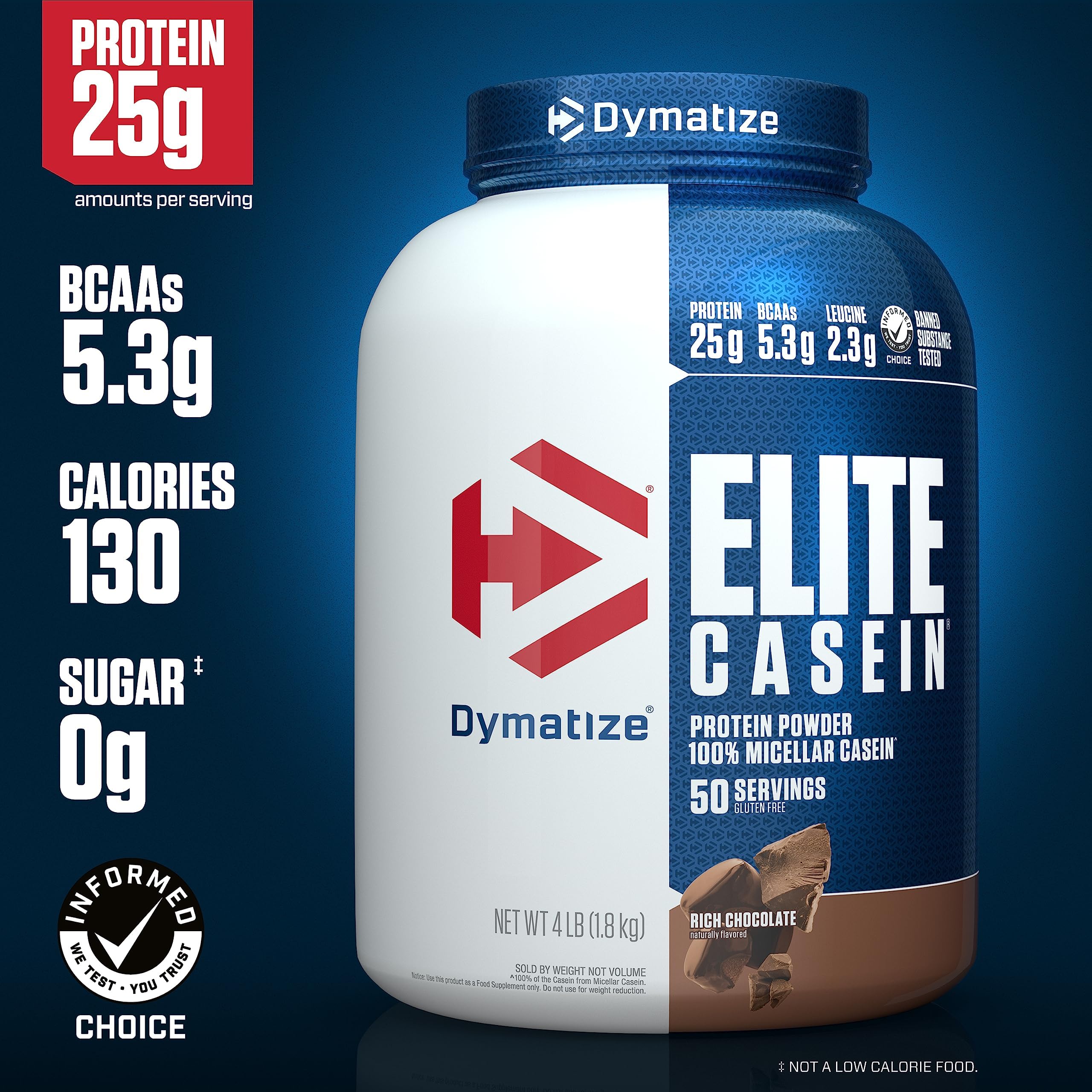 Dymatize Elite Casein Protein Powder, Slow Absorbing with 25g Protein, BCAAs & Leucine for Muscle Building and Overnight Recovery, Rich Chocolate, 4 Pound