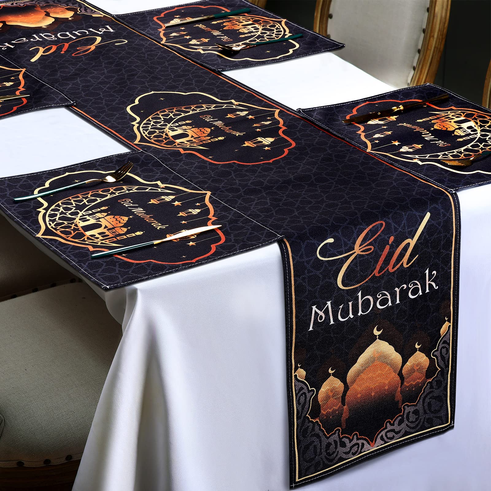 7 Pieces Eid Mubarak Table Runner and Placemats Ramadan Table Runner Table Mats Golden Star Moon Eid Al-Fitr Ramadan Mubarak Party Home Dinning Room Table Decorations (Black and Gold)